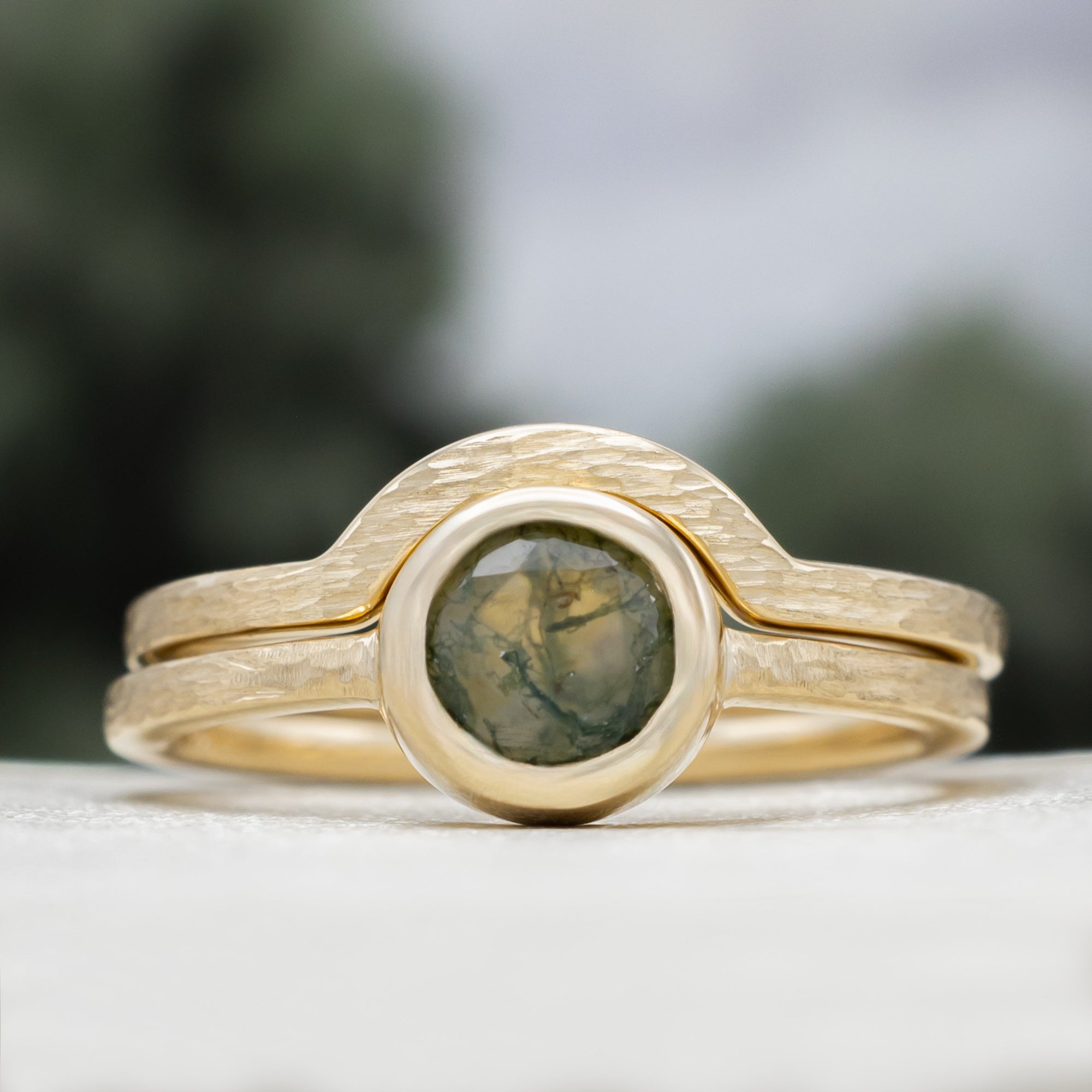 "Evelyn" - Bezel Set Moss Agate Solitaire Engagement Ring With Tracer In A Hammered Finish-Staghead Designs