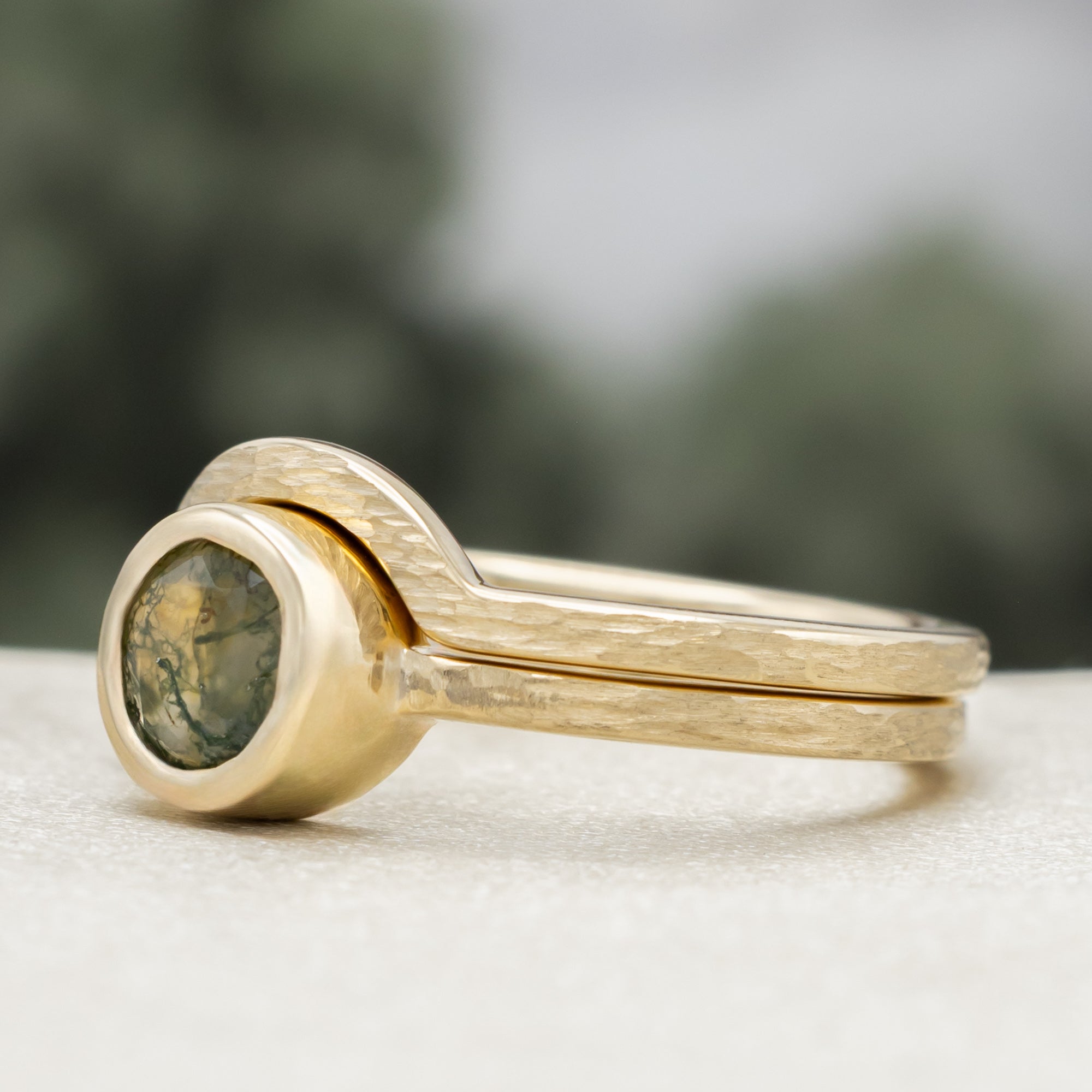 "Evelyn" - Bezel Set Moss Agate Solitaire Engagement Ring With Tracer In A Hammered Finish-Staghead Designs