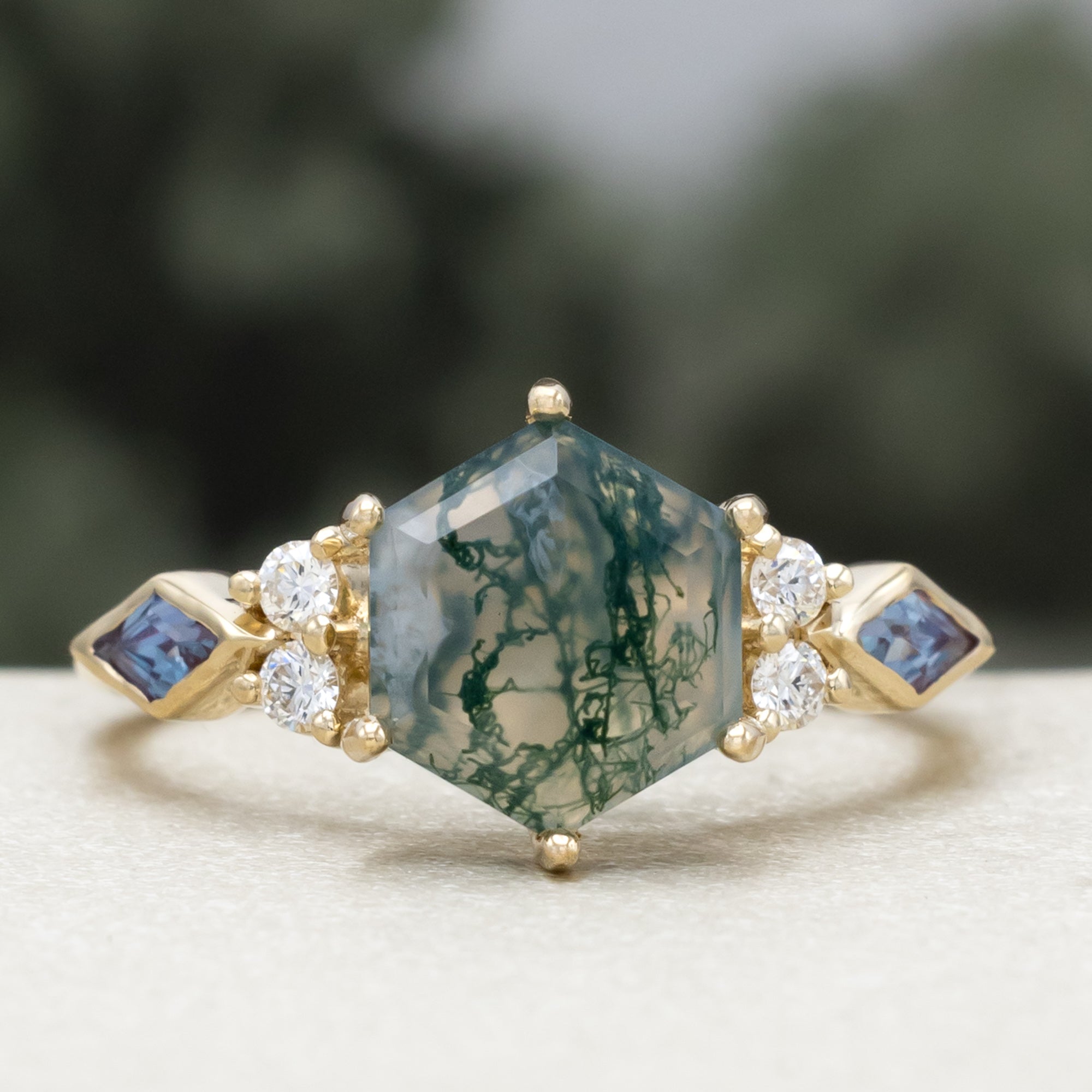 "Everett" - Hexagon Cut Moss Agate Engagement Ring With Side Diamonds & Lab-Grown Alexandrite Accents-Staghead Designs
