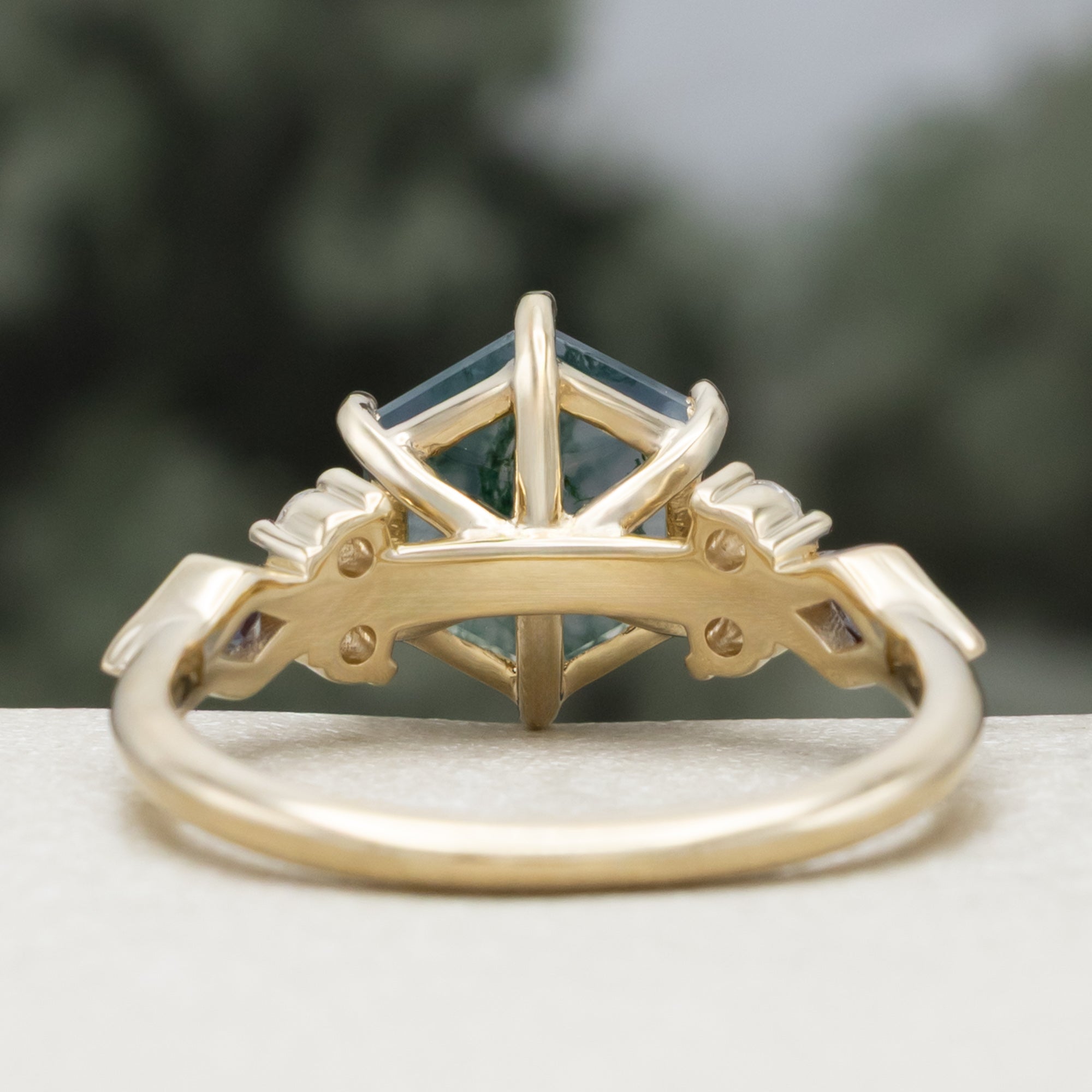 "Everett" - Hexagon Cut Moss Agate Engagement Ring With Side Diamonds & Lab-Grown Alexandrite Accents-Staghead Designs