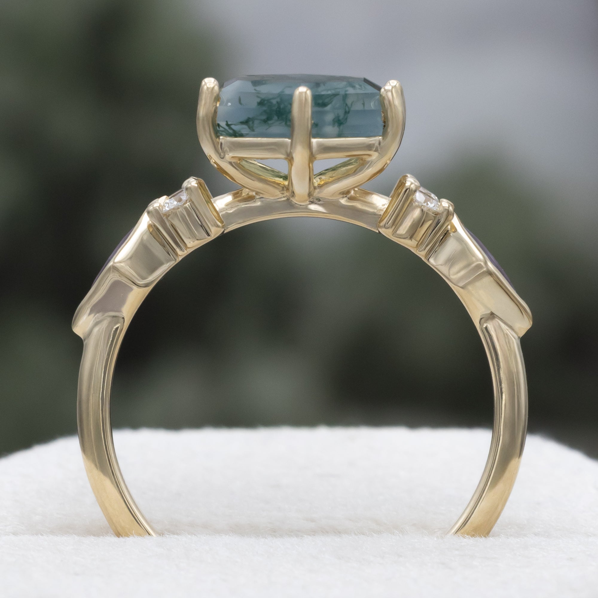 "Everett" - Hexagon Cut Moss Agate Engagement Ring With Side Diamonds & Lab-Grown Alexandrite Accents-Staghead Designs