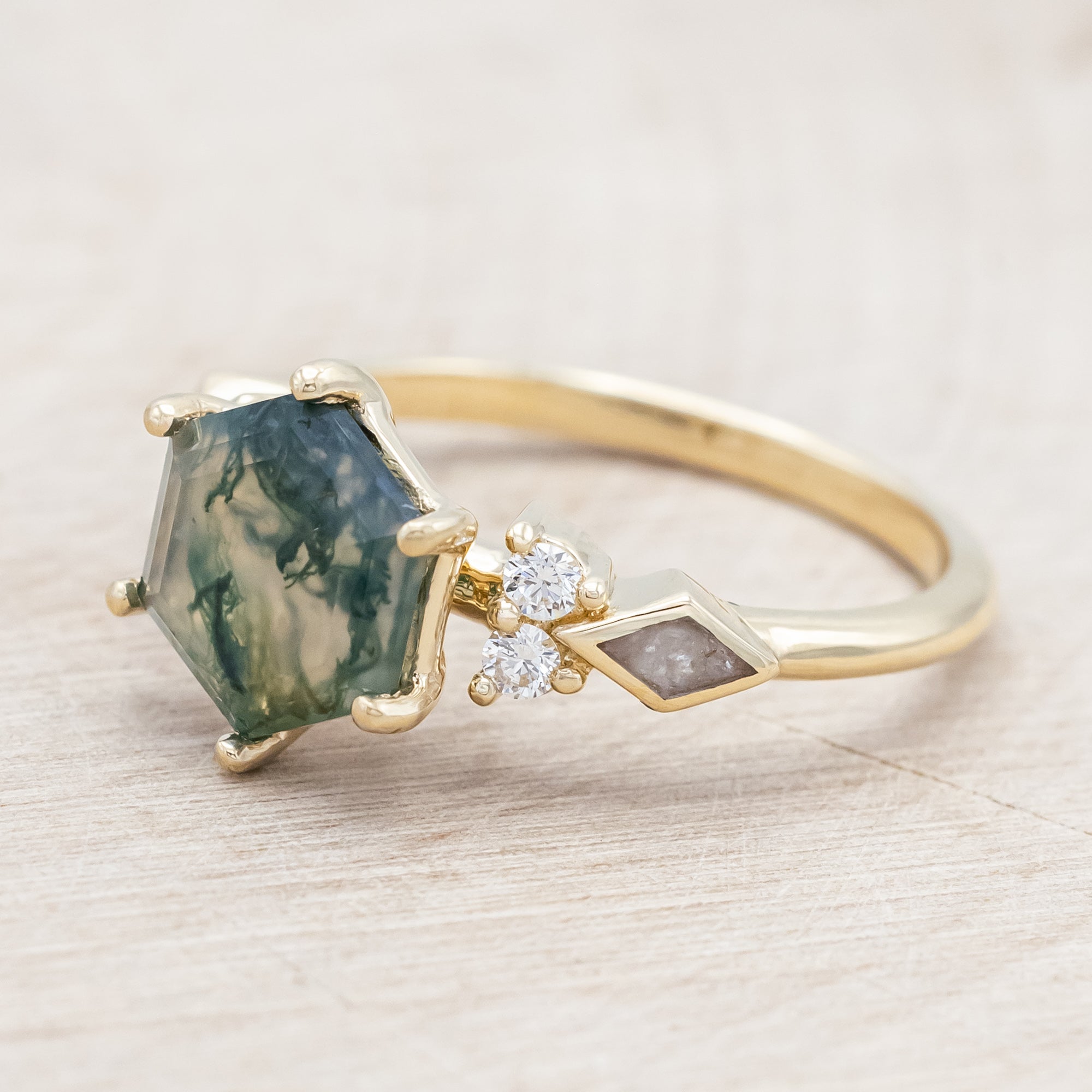 "EVERETT" - HEXAGON CUT MOSS AGATE ENGAGEMENT RING WITH DIAMOND ACCENTS & DIAMOND DUST INLAYS-Staghead Designs