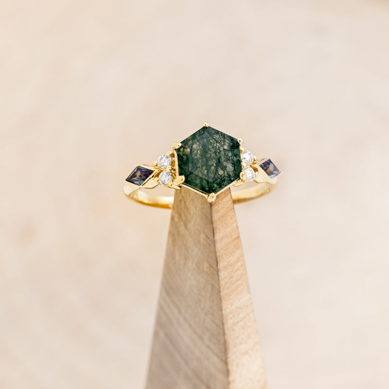 "EVERETT" - HEXAGON MOSS AGATE ENGAGEMENT RING WITH SIDE DIAMOND & LAB GROWN ALEXANDRITE ACCENTS-7