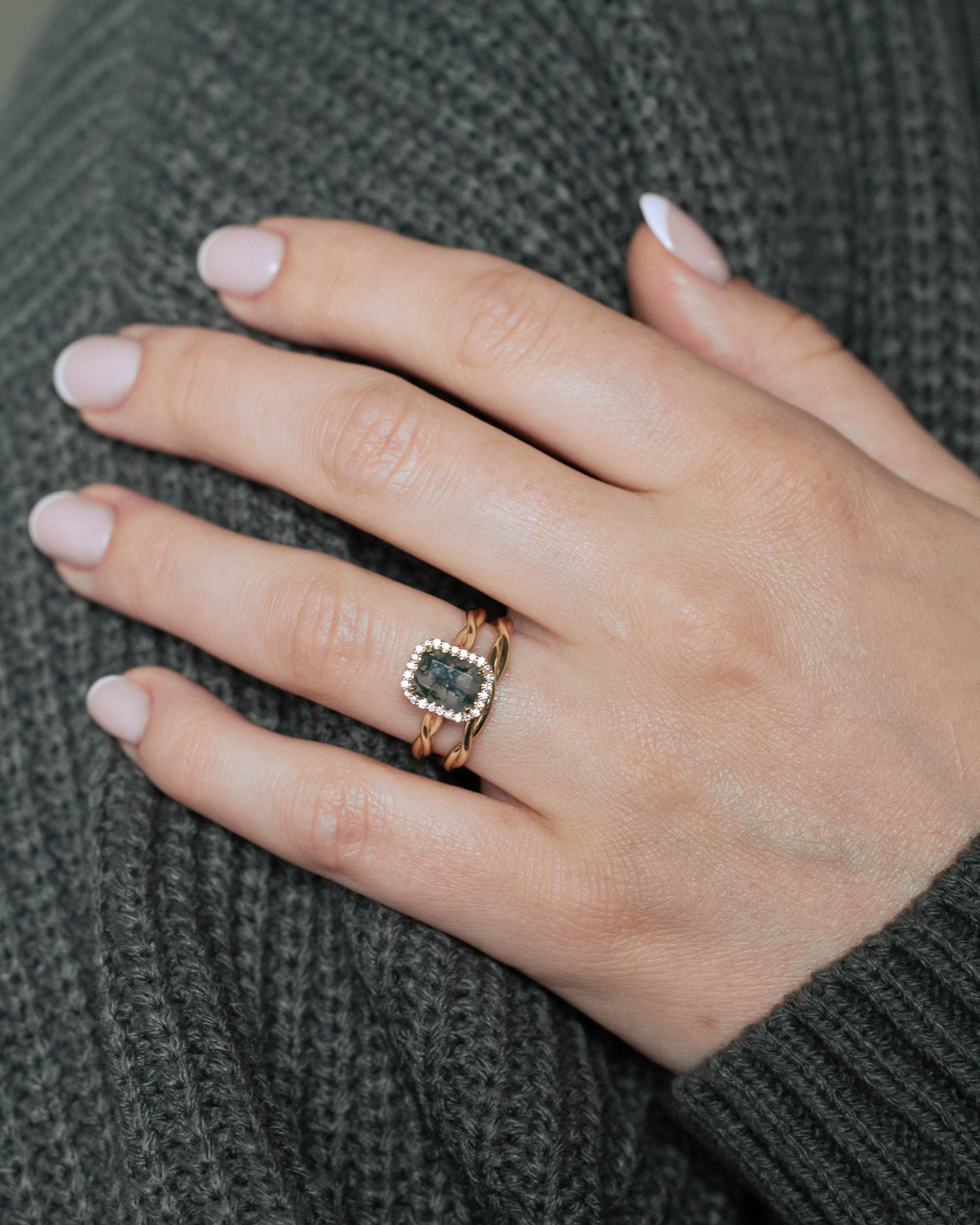 "EVERLEIGH" - EMERALD CUT MOSS AGATE WEDDING BAND SET WITH DIAMOND HALO & TWISTED STACKING BAND-Staghead Designs