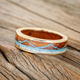 "THE EXPEDITION" - MOUNTAIN ENGRAVED WEDDING RING WITH REDWOOD, TURQUOISE & ANTLER WITH REDWOOD LINING-14