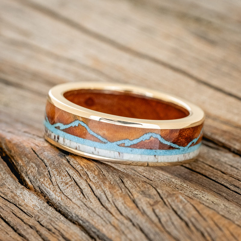 "THE EXPEDITION" - MOUNTAIN ENGRAVED WEDDING RING WITH REDWOOD, TURQUOISE & ANTLER WITH REDWOOD LINING-14