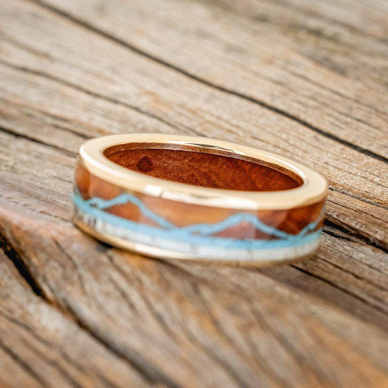 "THE EXPEDITION" - MOUNTAIN ENGRAVED WEDDING RING WITH REDWOOD, TURQUOISE & ANTLER WITH REDWOOD LINING-17