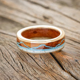 "THE EXPEDITION" - MOUNTAIN ENGRAVED WEDDING RING WITH REDWOOD, TURQUOISE & ANTLER WITH REDWOOD LINING-15