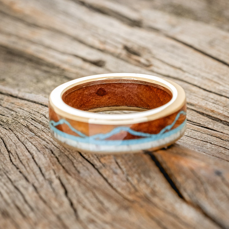 "THE EXPEDITION" - MOUNTAIN ENGRAVED WEDDING RING WITH REDWOOD, TURQUOISE & ANTLER WITH REDWOOD LINING-18