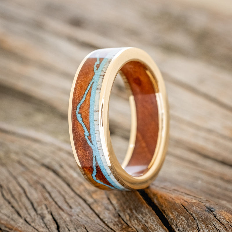 "THE EXPEDITION" - MOUNTAIN ENGRAVED WEDDING RING WITH REDWOOD, TURQUOISE & ANTLER WITH REDWOOD LINING-13