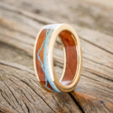 "THE EXPEDITION" - MOUNTAIN ENGRAVED WEDDING RING WITH REDWOOD, TURQUOISE & ANTLER WITH REDWOOD LINING-16