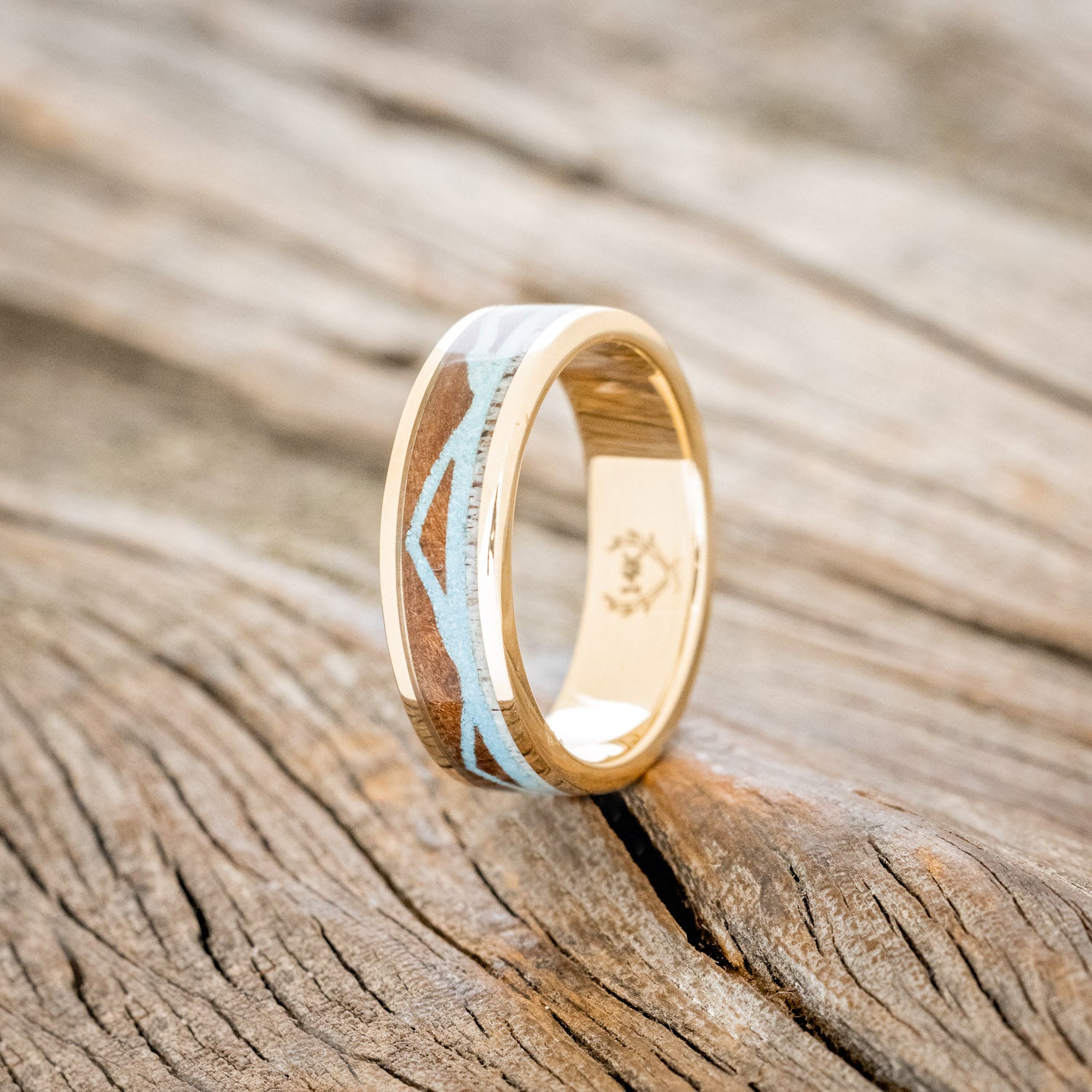 "THE EXPEDITION" - MOUNTAIN ENGRAVED WEDDING RING WITH REDWOOD, TURQUOISE & ANTLER-13