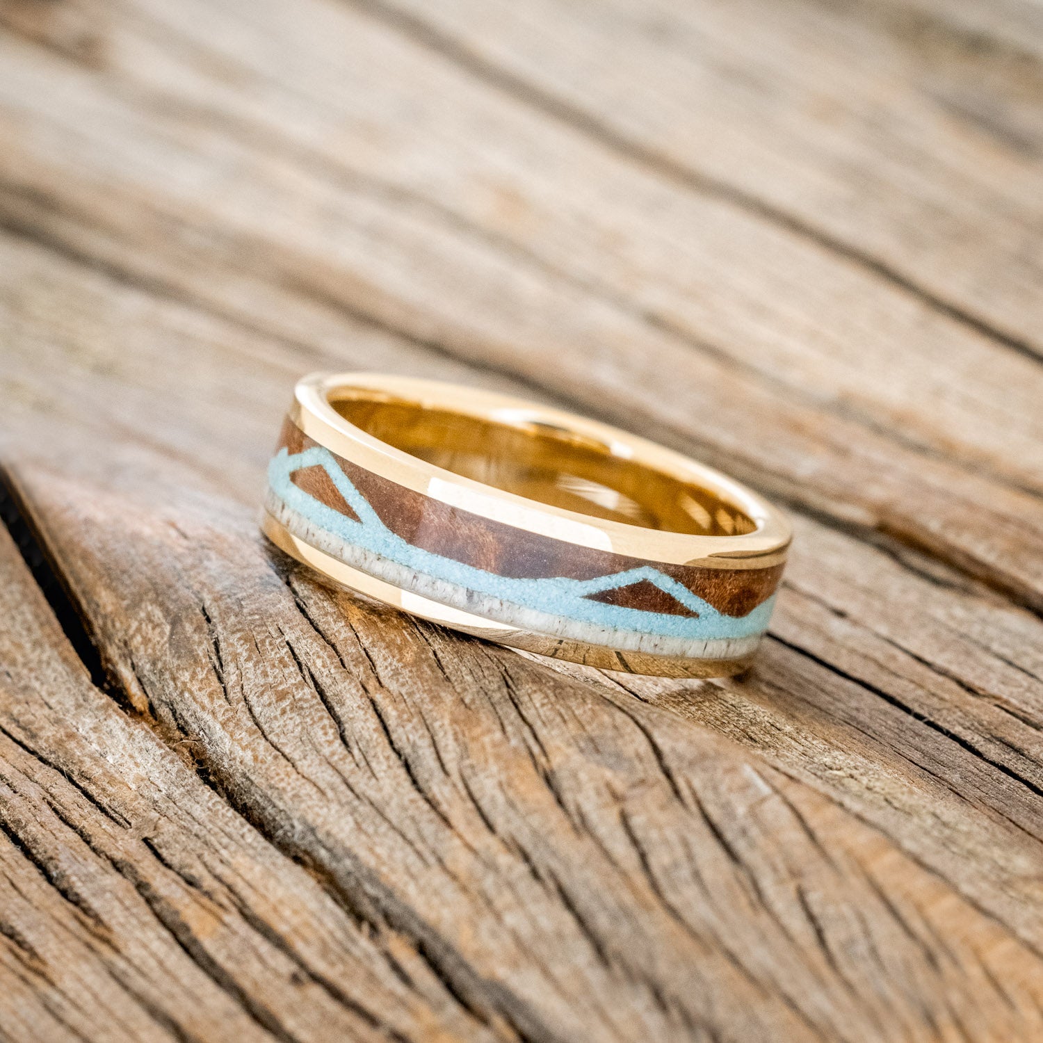 "THE EXPEDITION" - MOUNTAIN ENGRAVED WEDDING RING WITH REDWOOD, TURQUOISE & ANTLER-14