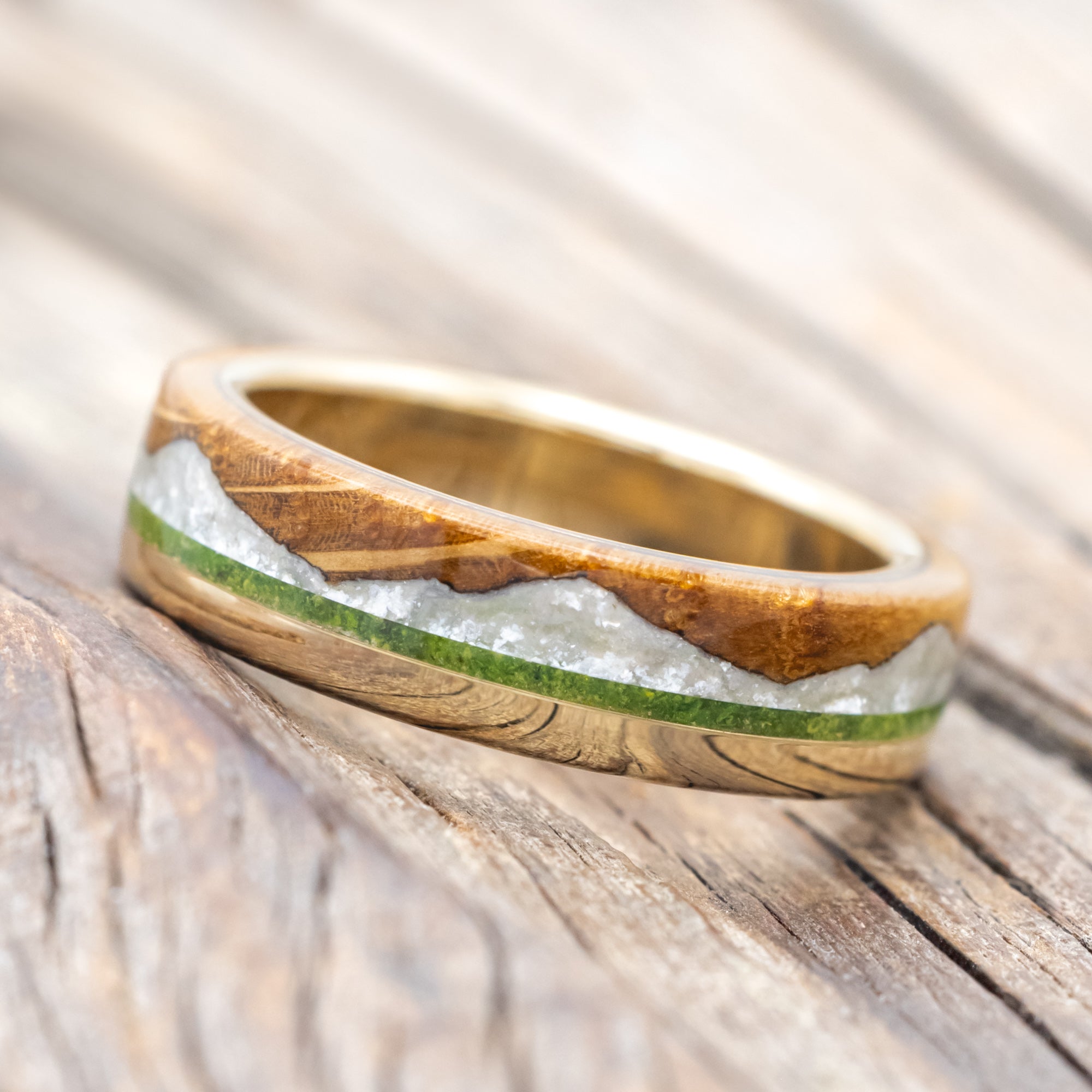 "EZRA" - WHISKEY BARREL OAK WITH DIAMOND DUST & MOSS INLAY WEDDING RING-Staghead Designs