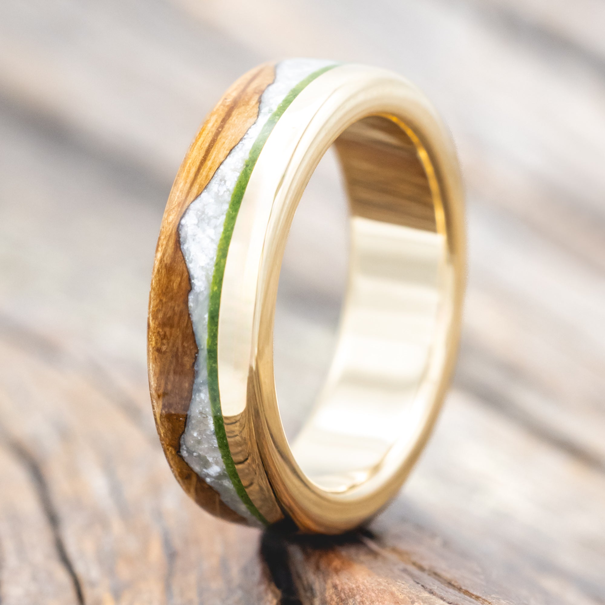 "EZRA" - WHISKEY BARREL OAK WITH DIAMOND DUST & MOSS INLAY WEDDING RING-Staghead Designs