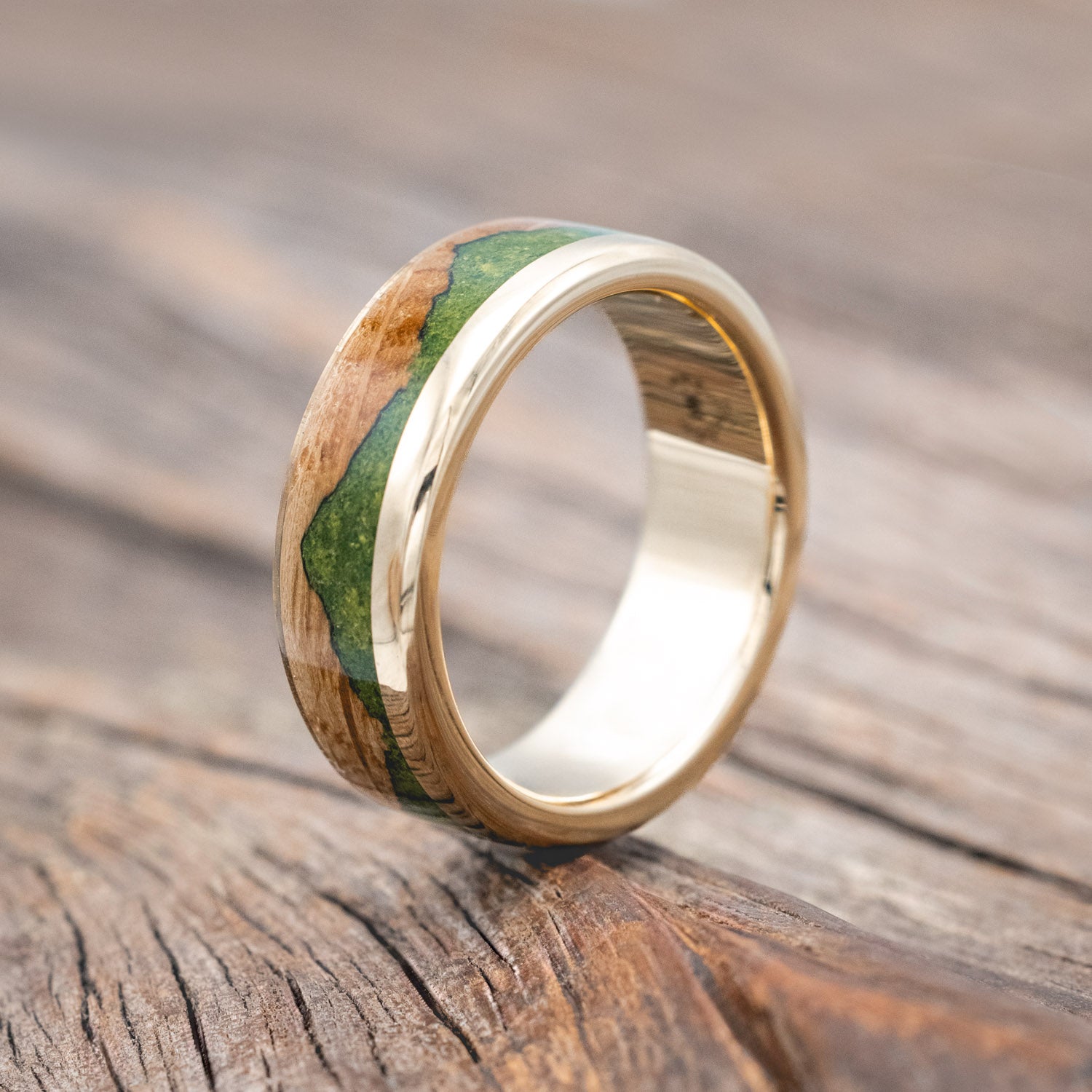 "EZRA" - WHISKEY BARREL OAK WITH MOSS WEDDING RING-Staghead Designs