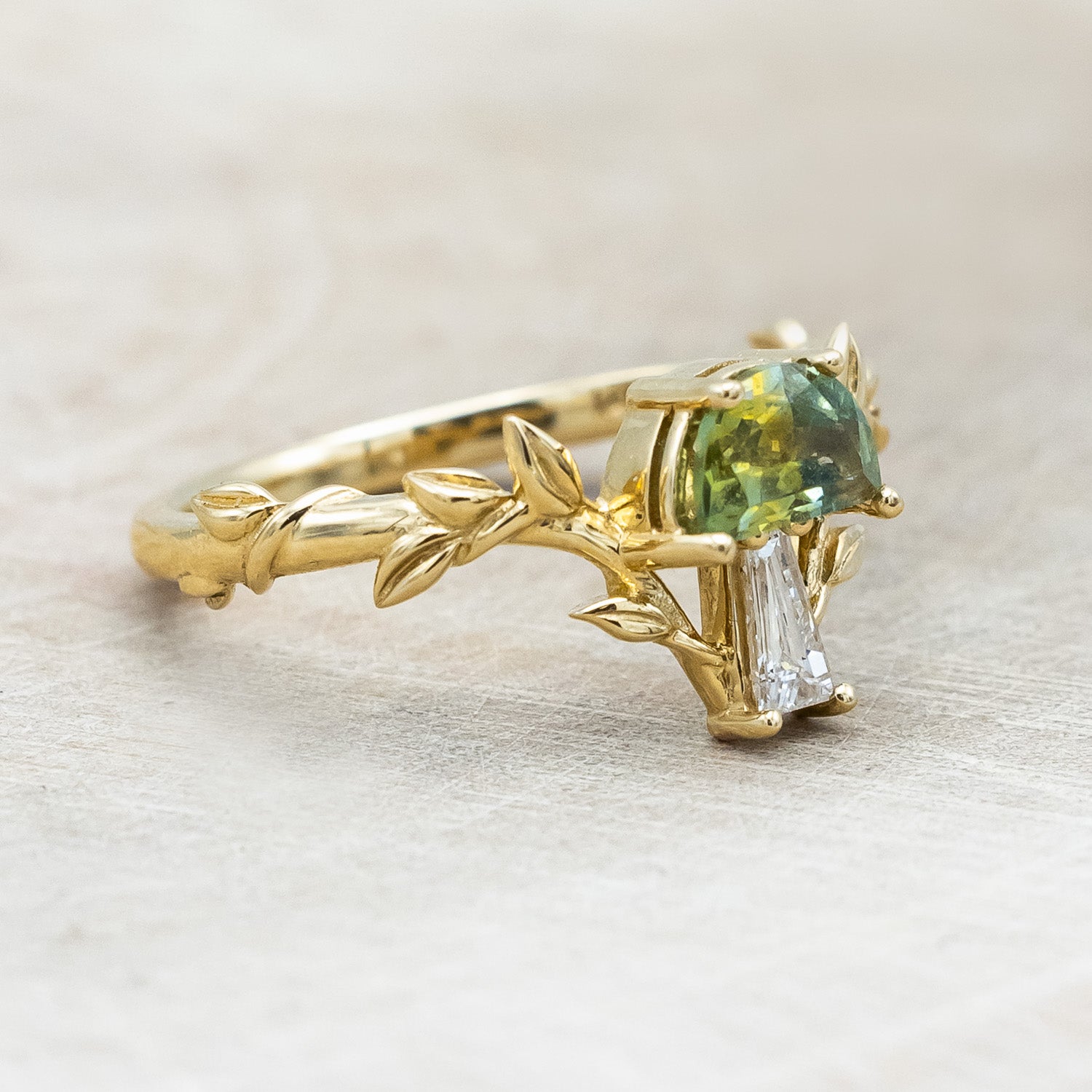 "FAE" - MUSHROOM RING WITH MONTANA SAPPHIRE & DIAMOND ACCENT ON A BRANCH-STYLE BAND-Staghead Designs