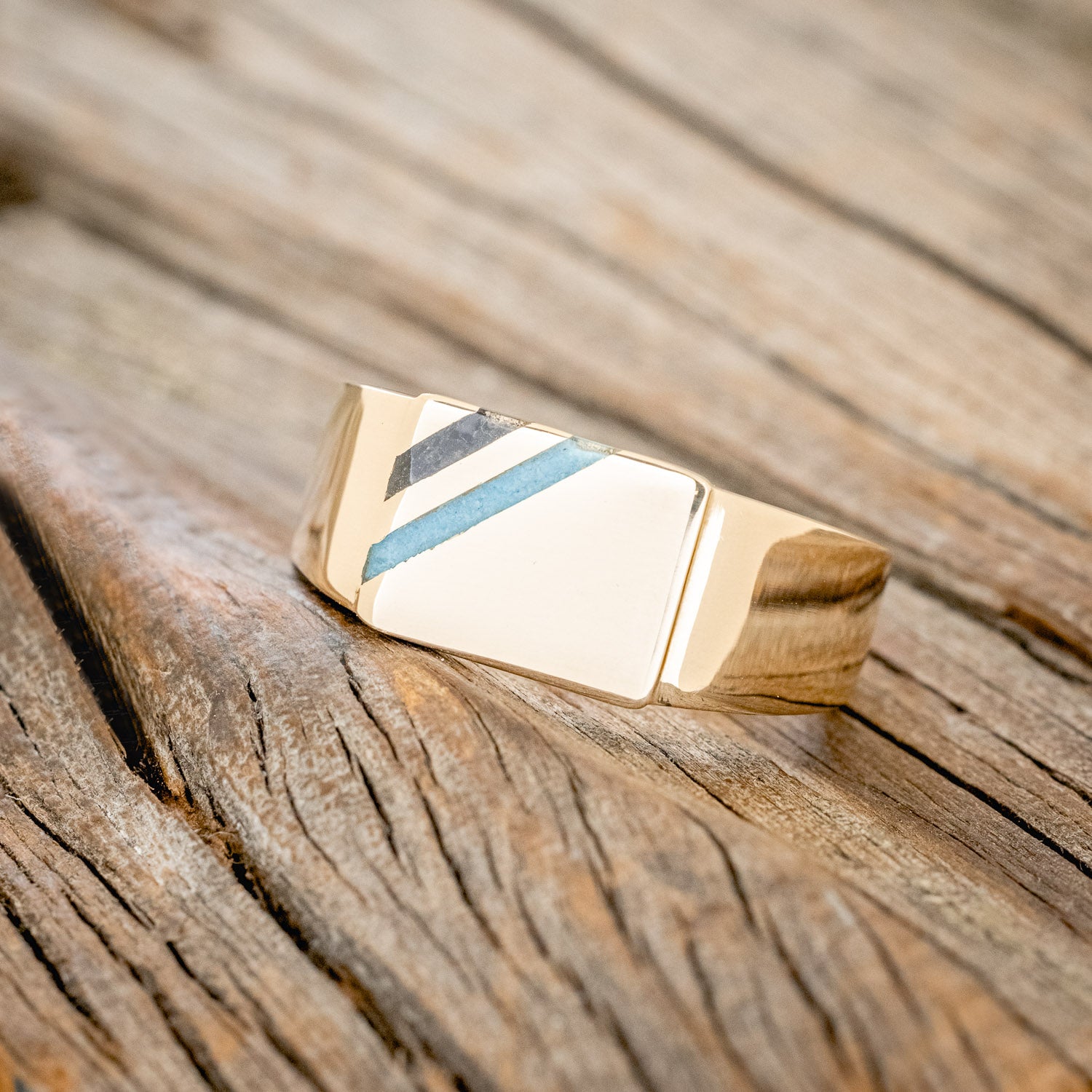 "COLTER" - FLAT TOP WEDDING RING FEATURING DIAGONAL ONYX & TURQUOISE INLAYS-2