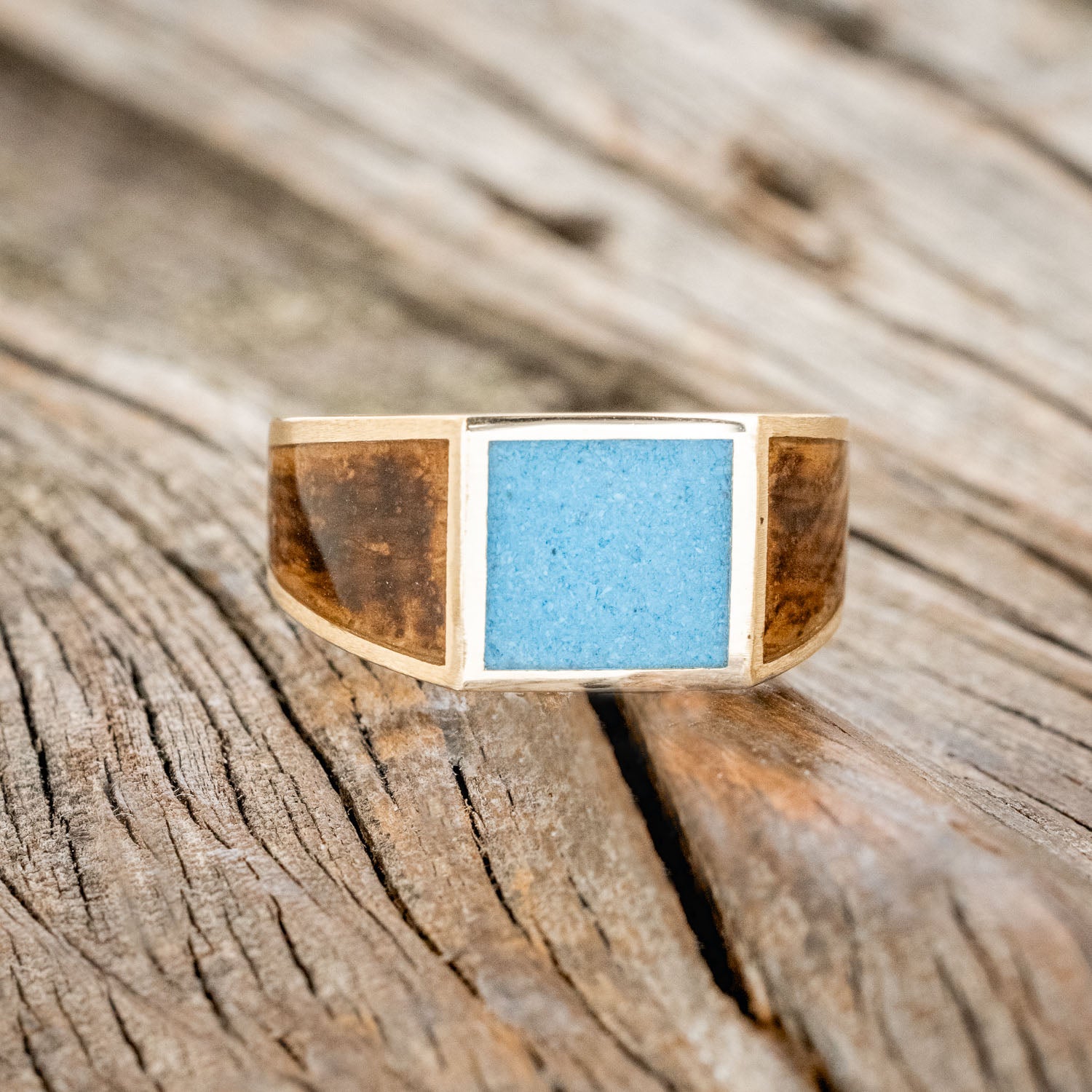 FLAT TOP WEDDING RING FEATURING TURQUOISE & WHISKEY BARREL INLAYS-Staghead Designs