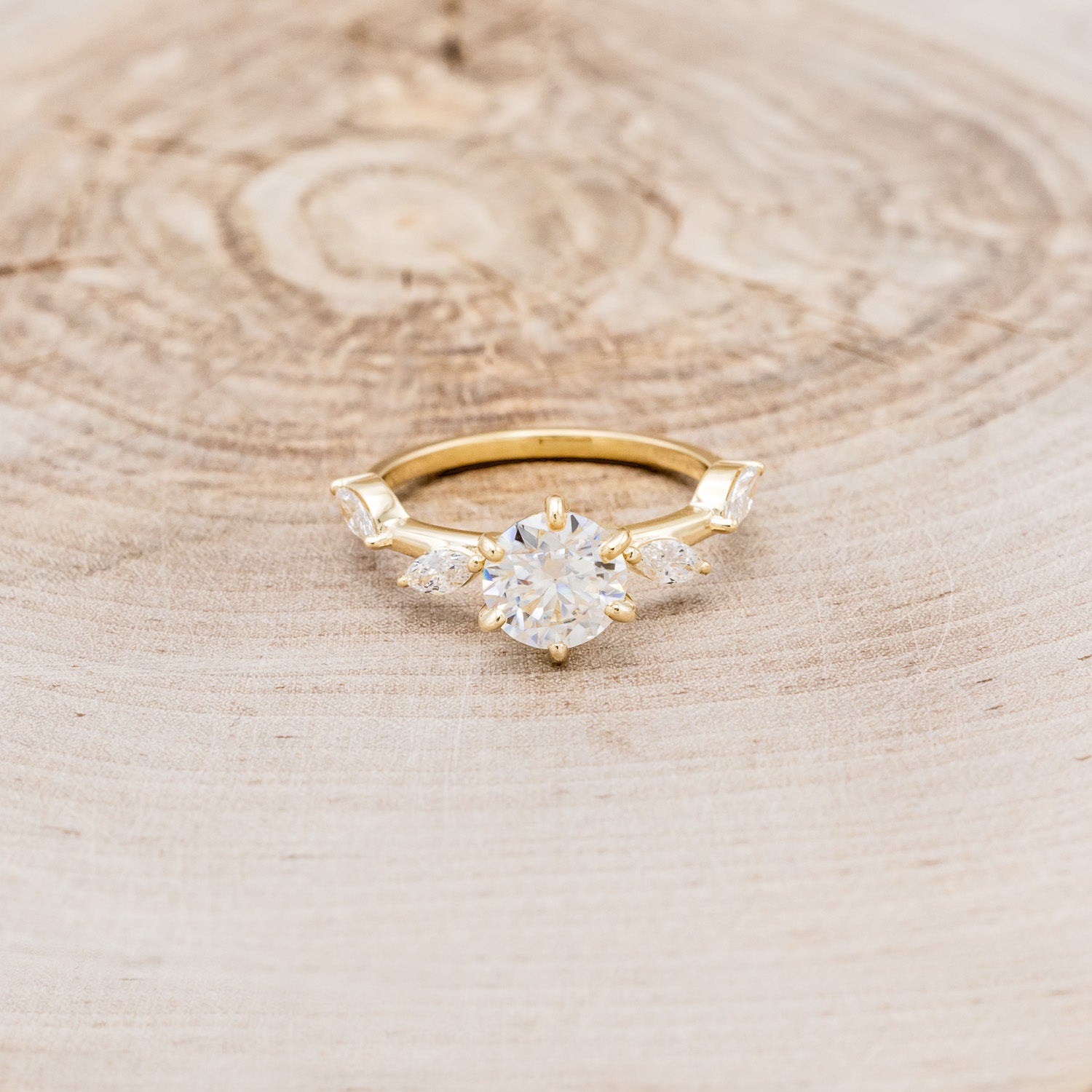 "Flora" - Round Cut Moissanite Engagement Ring With Marquise Cut Diamond Accents - 14K Yellow Gold - Size 4 1/2-Staghead Designs