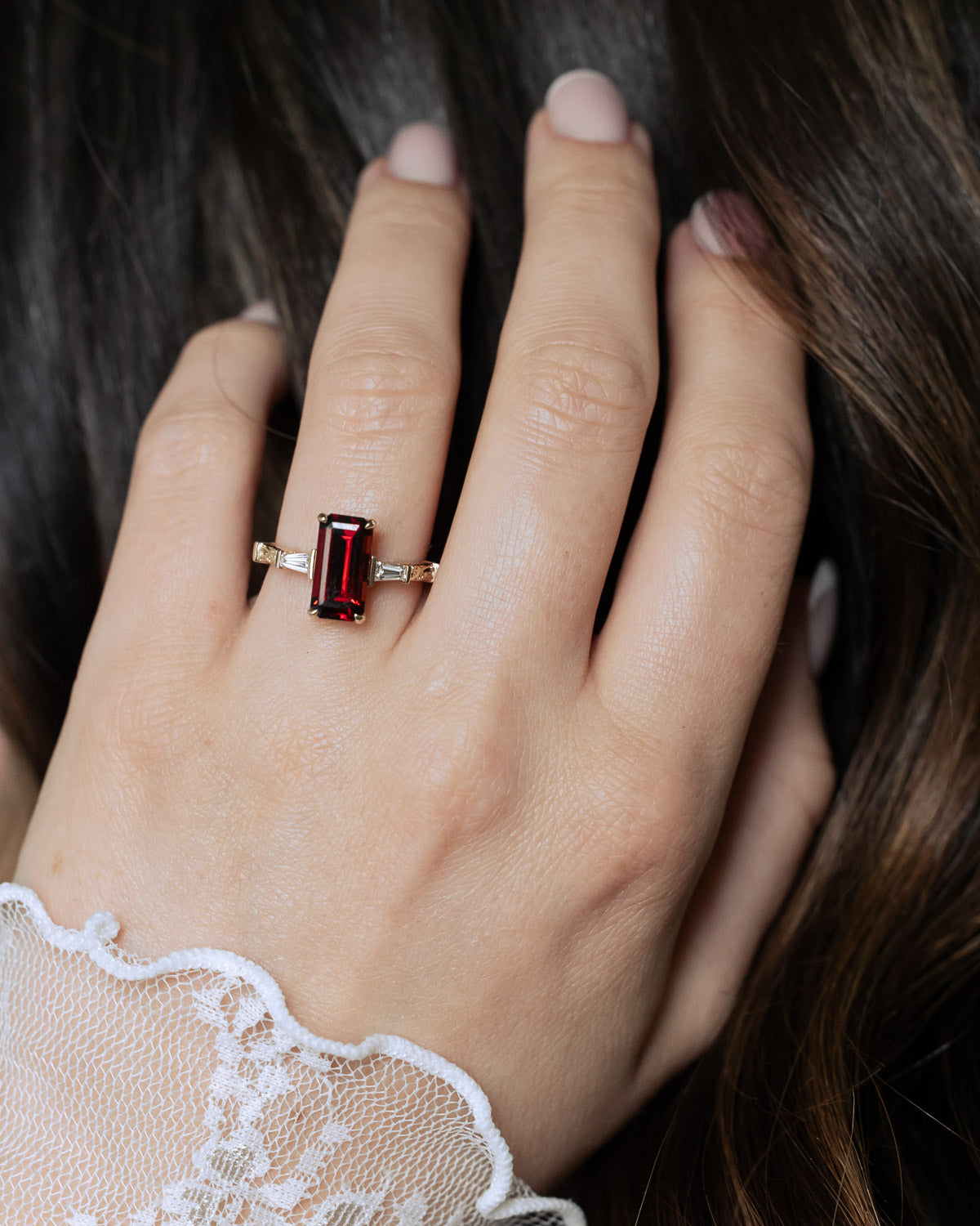 "SELENA" - EMERALD CUT MOZAMBIQUE GARNET ENGAGEMENT RING WITH DIAMOND ACCENTS-Staghead Designs