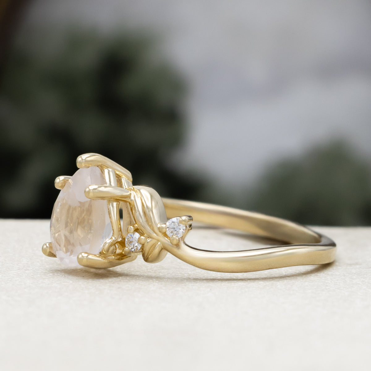 "Gladys" - Pear Cut Rose Quartz Engagement Ring With Diamond Accents On A Floral-Style Band