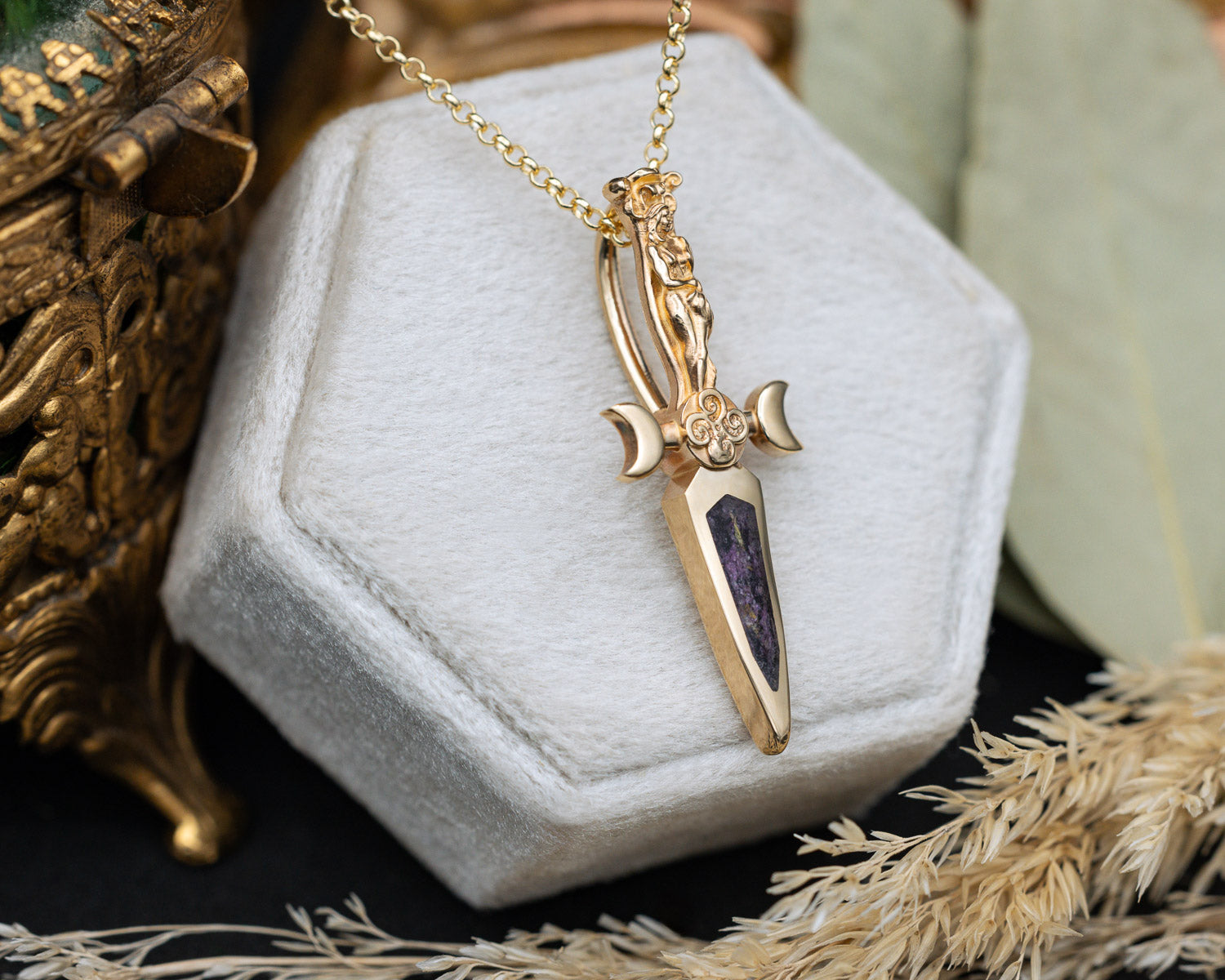 14K Yellow Gold Goddess Dagger Pendant
with Peony and Dahlia Petal Mix