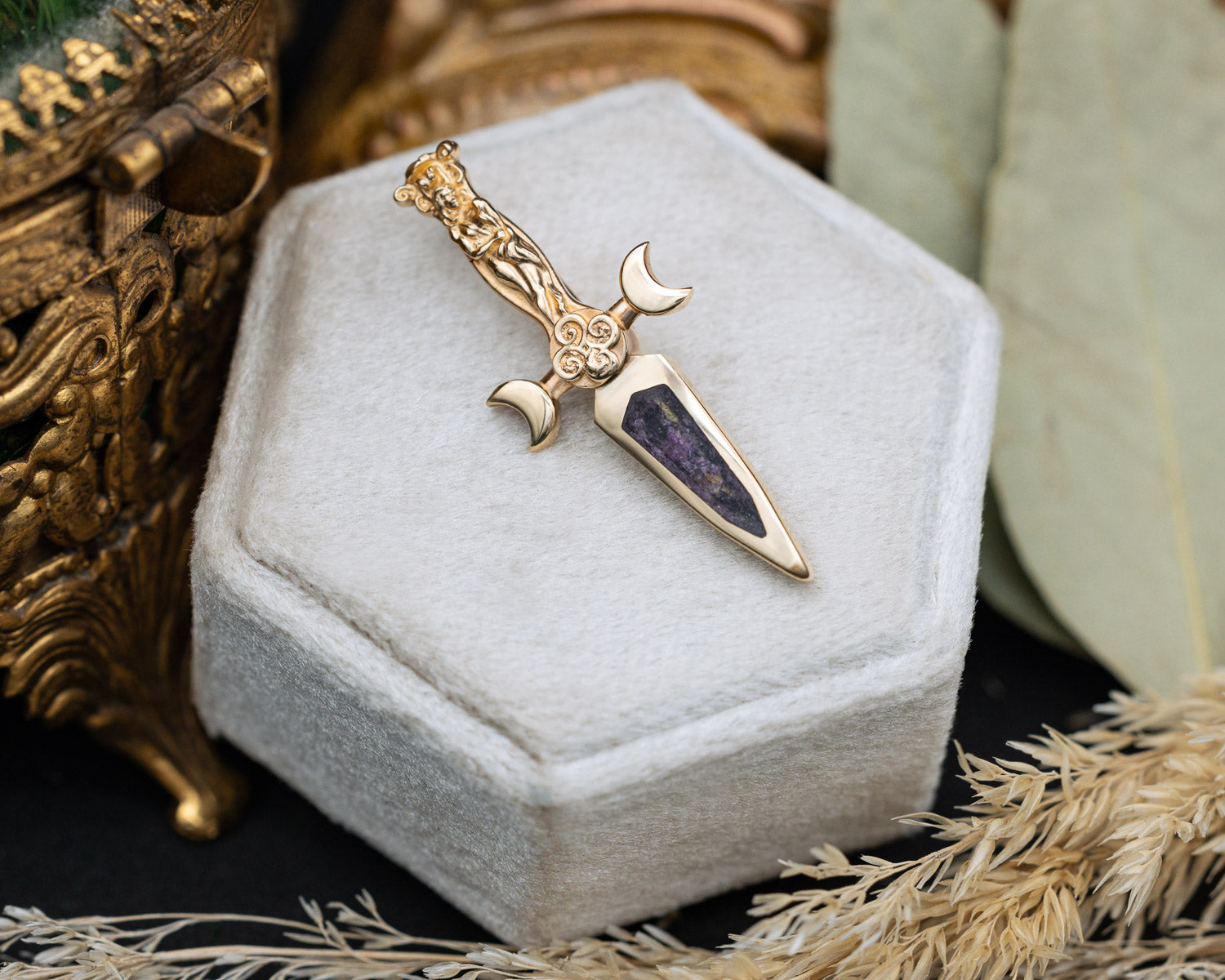 14K Yellow Gold Goddess Dagger Pendant
with Peony and Dahlia Petal Mix