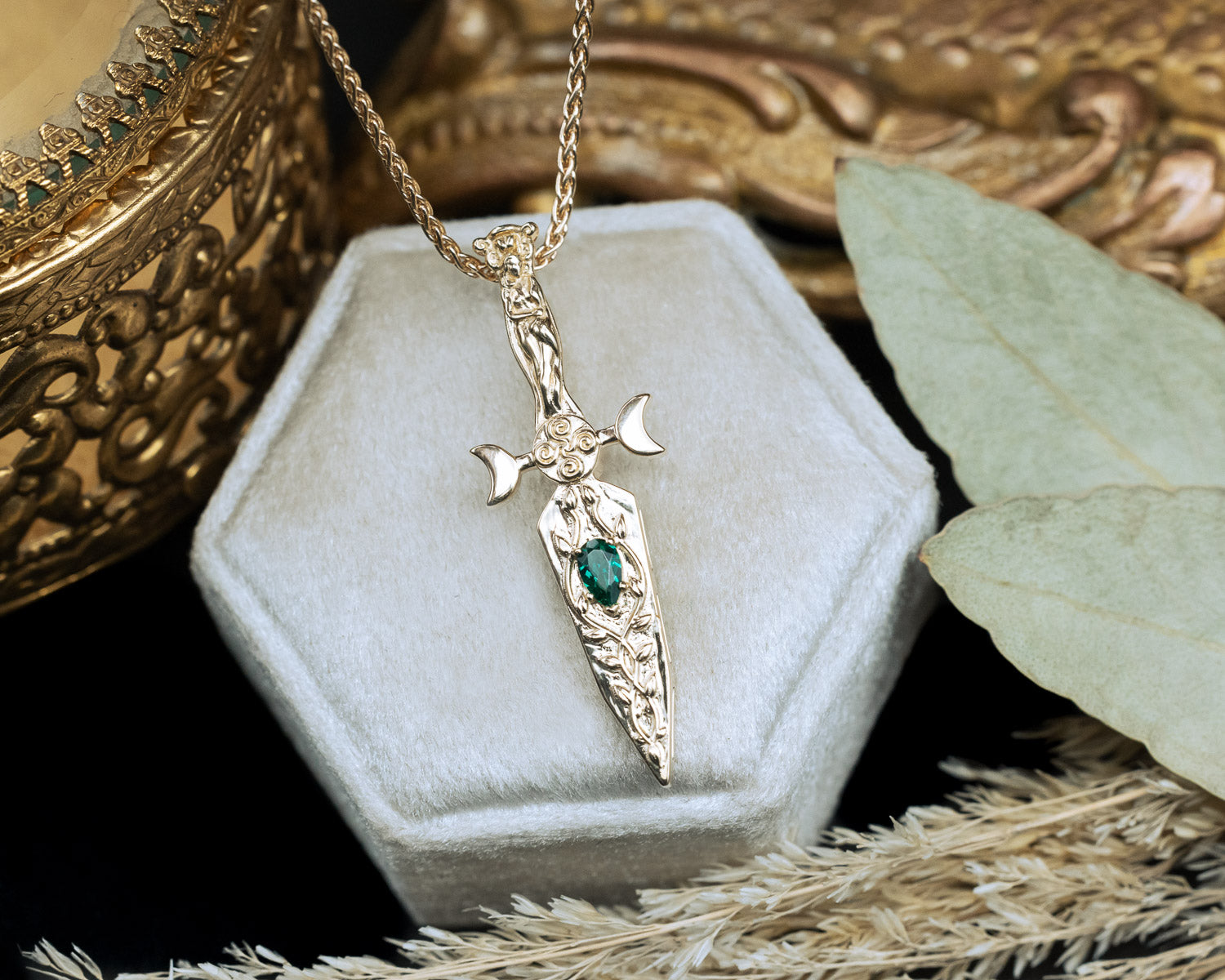 GODDESS DAGGER PENDANT IN 14K GOLD WITH LAB-GROWN PEAR CUT EMERALD-Staghead Designs