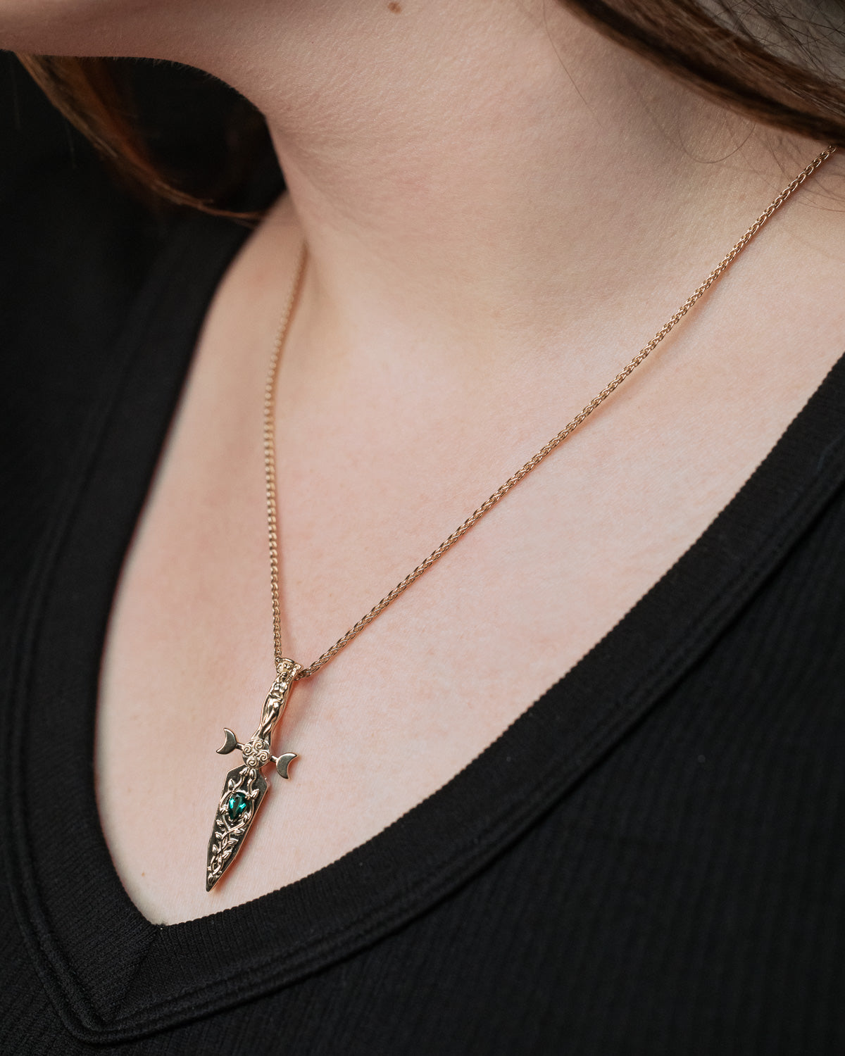 GODDESS DAGGER PENDANT IN 14K GOLD WITH LAB-GROWN PEAR CUT EMERALD-Staghead Designs