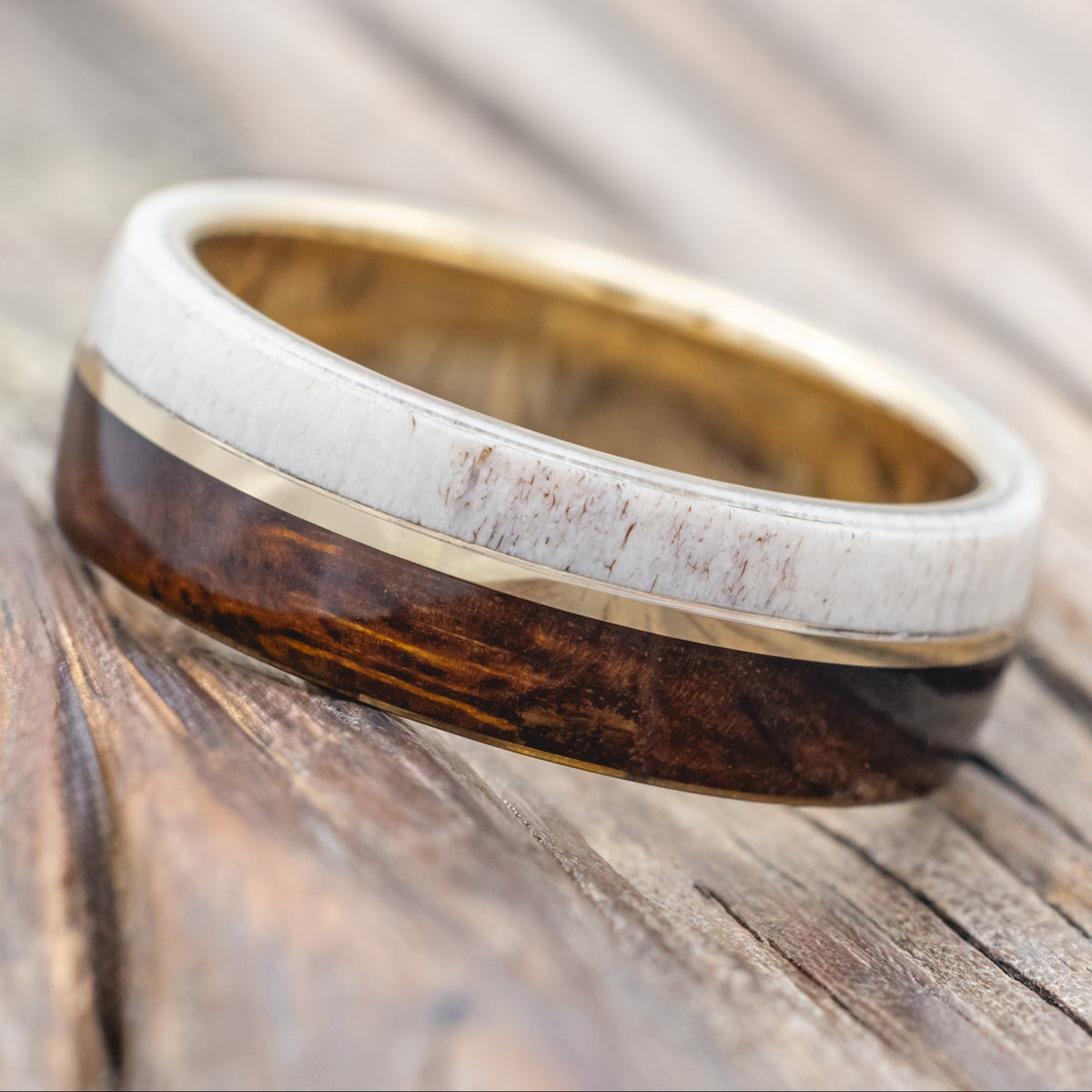 "GOLDEN" - IRONWOOD, ANTLER & 14K GOLD INLAY WEDDING BAND-Staghead Designs