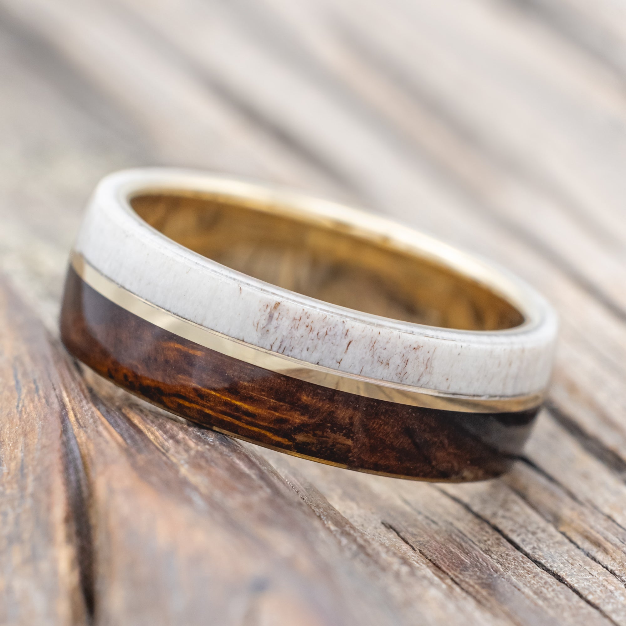 "GOLDEN" - IRONWOOD, ANTLER & 14K GOLD INLAY WEDDING BAND-Staghead Designs
