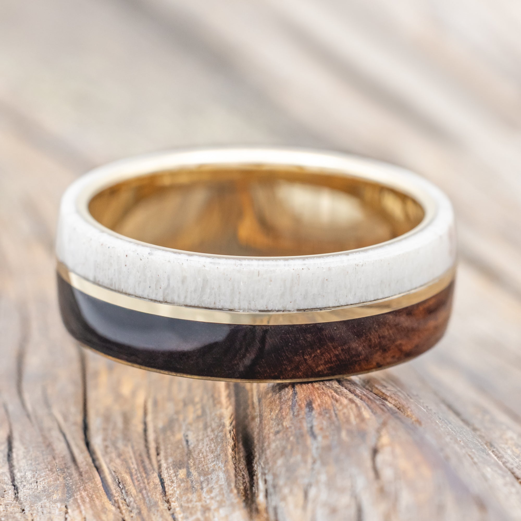 "GOLDEN" - IRONWOOD, ANTLER & 14K GOLD INLAY WEDDING BAND-Staghead Designs