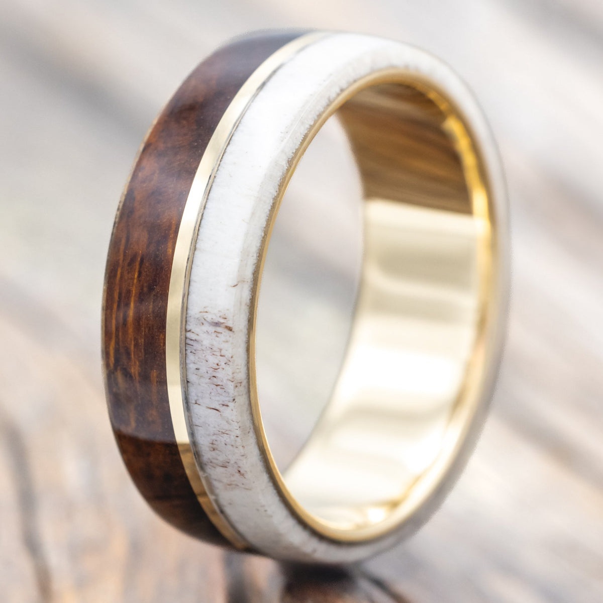 "GOLDEN" - IRONWOOD, ANTLER & 14K GOLD INLAY WEDDING BAND-Staghead Designs