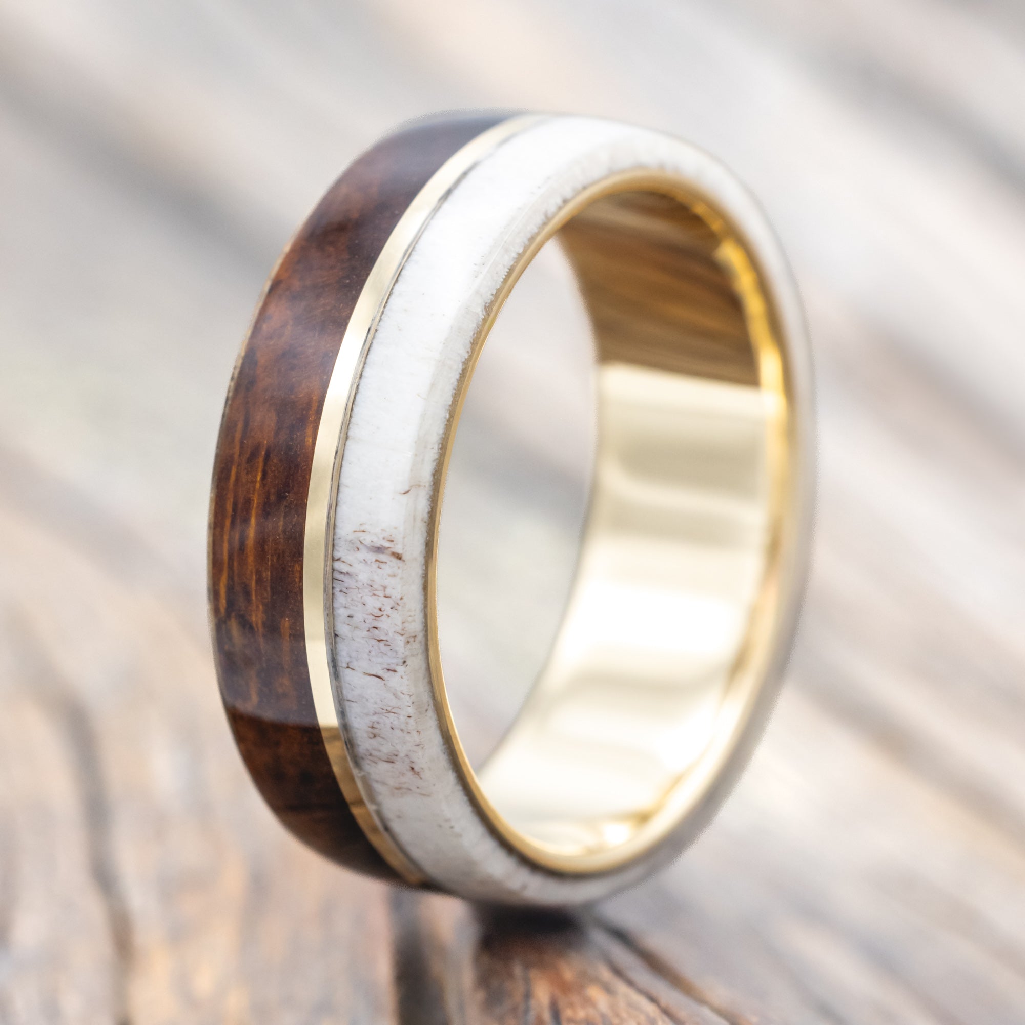 "GOLDEN" - IRONWOOD, ANTLER & 14K GOLD INLAY WEDDING BAND-Staghead Designs