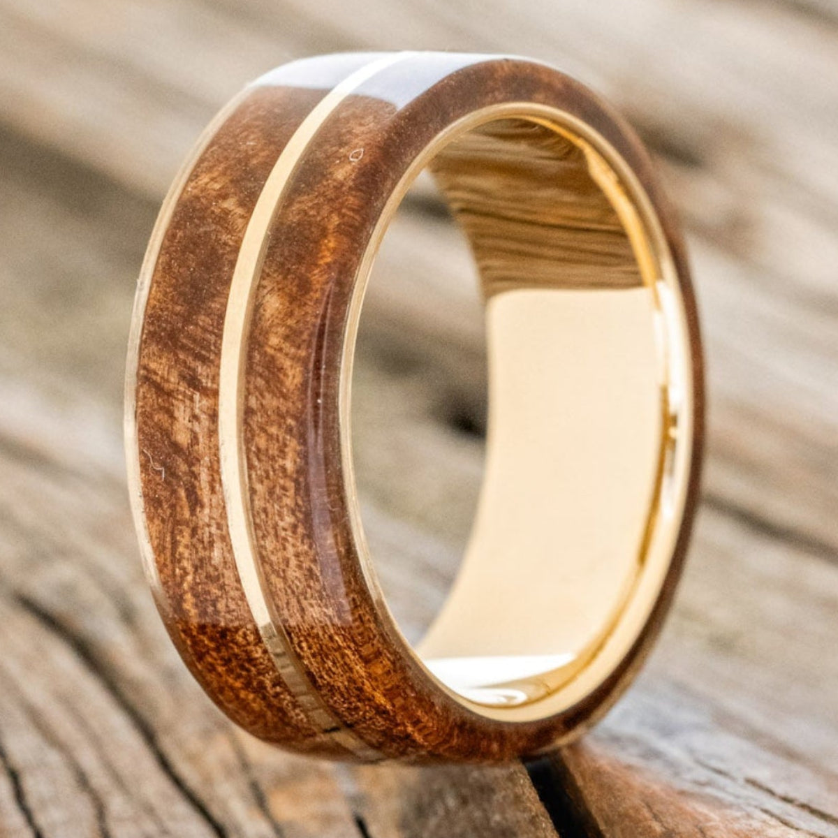 "GOLDEN" - REDWOOD & 14K GOLD INLAY WEDDING BAND-10