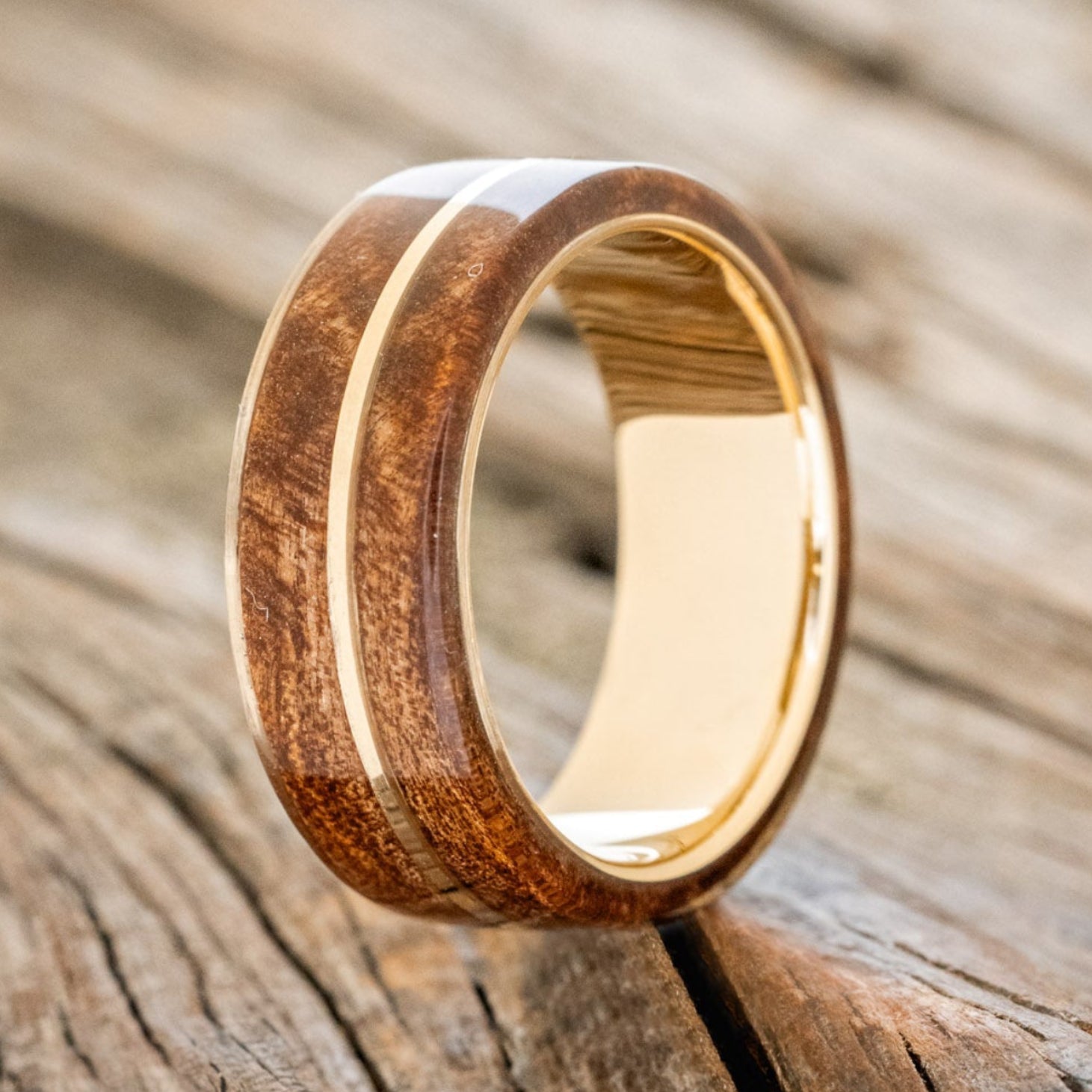 "GOLDEN" - REDWOOD & 14K GOLD INLAY WEDDING BAND-10