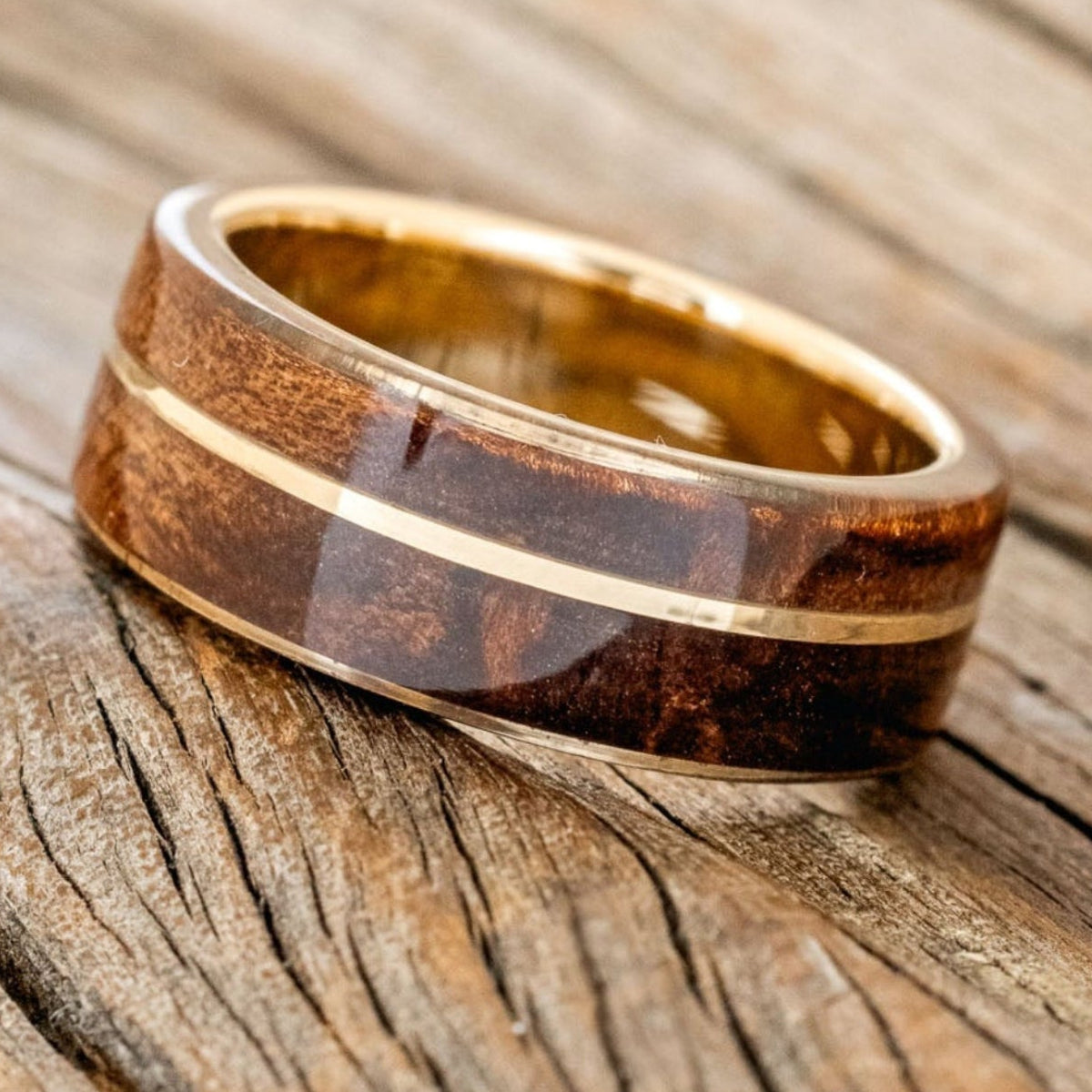 "GOLDEN" - REDWOOD & 14K GOLD INLAY WEDDING BAND-11