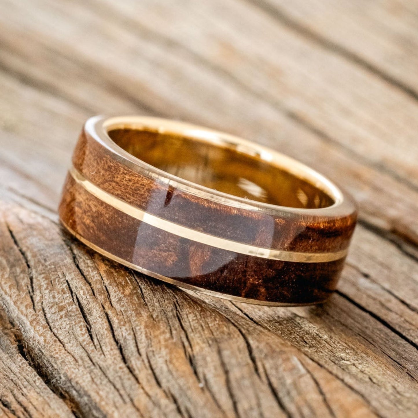 "GOLDEN" - REDWOOD & 14K GOLD INLAY WEDDING BAND-11