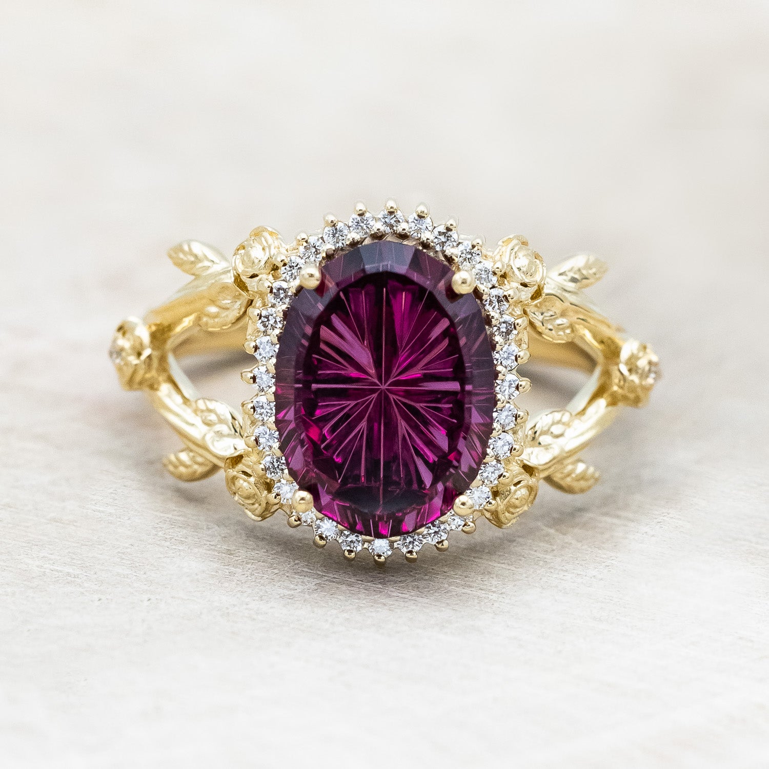 ONE-OF-A-KIND - "HALINA" - STARBRITE OVAL CUT RHODOLITE GARNET ENGAGEMENT RING WITH DIAMOND ACCENTS-Staghead Designs