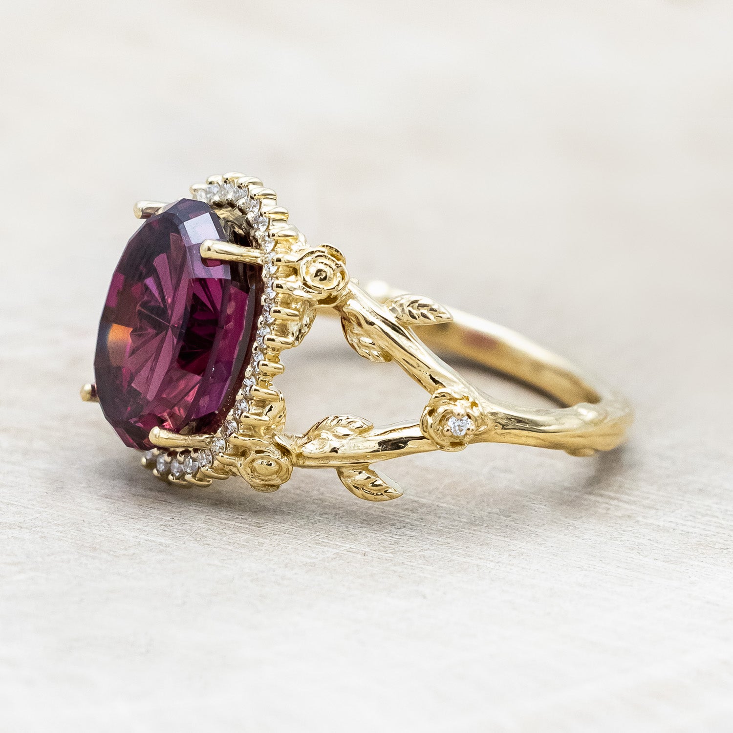 ONE-OF-A-KIND - "HALINA" - STARBRITE OVAL CUT RHODOLITE GARNET ENGAGEMENT RING WITH DIAMOND ACCENTS-Staghead Designs