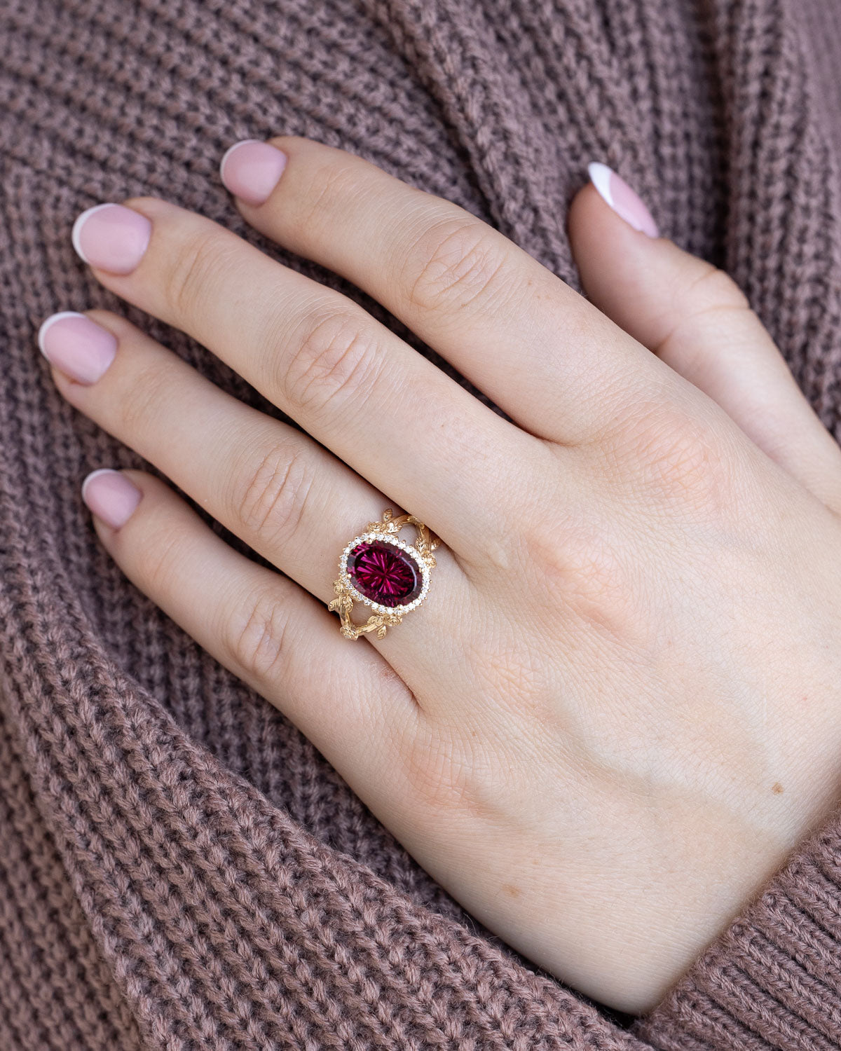 ONE-OF-A-KIND - "HALINA" - STARBRITE OVAL CUT RHODOLITE GARNET ENGAGEMENT RING WITH DIAMOND ACCENTS-Staghead Designs