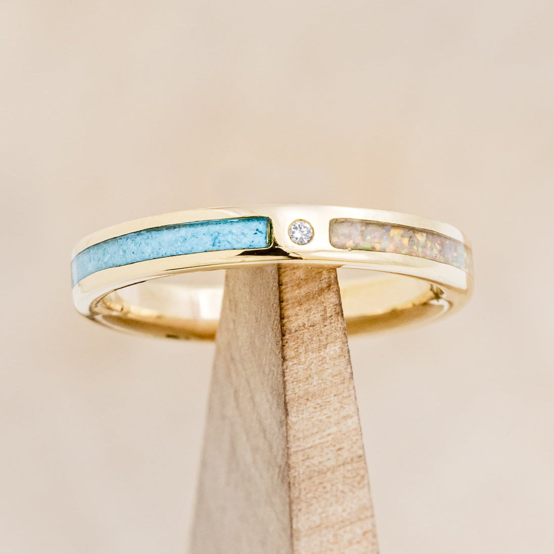 "HARMONY" - TURQUOISE AND FIRE & ICE OPAL SPLIT STACKING BAND WITH A DIAMOND ACCENT-8