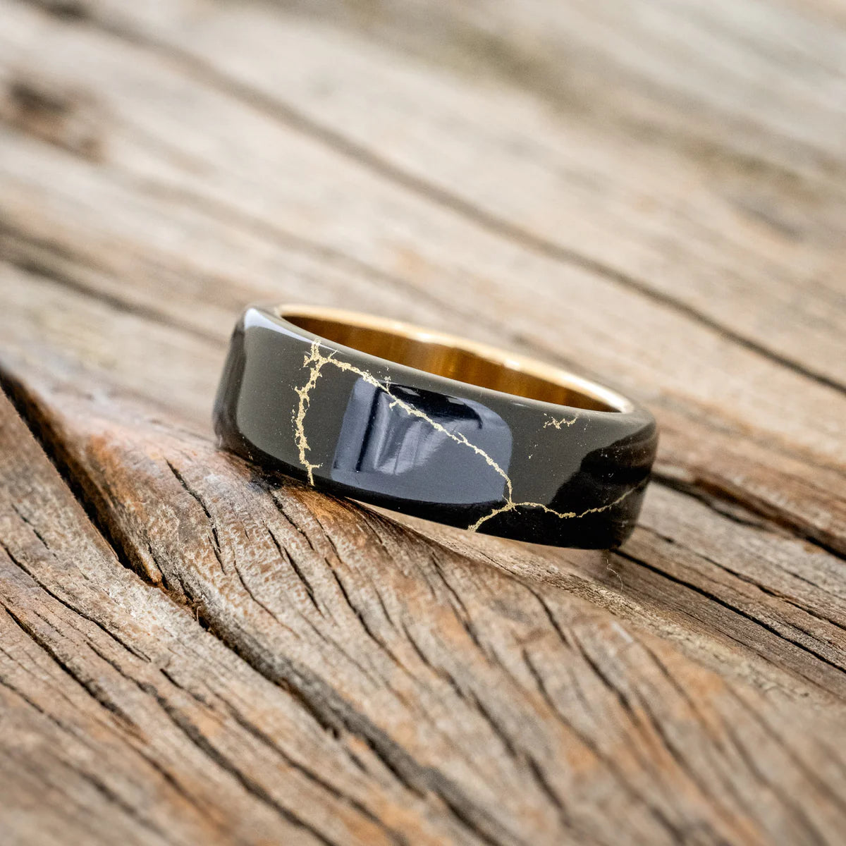 "HAVEN" - BLACK & GOLD MATRIX TRUSTONE WEDDING BAND - 14K YELLOW GOLD - SIZE 9-Staghead Designs