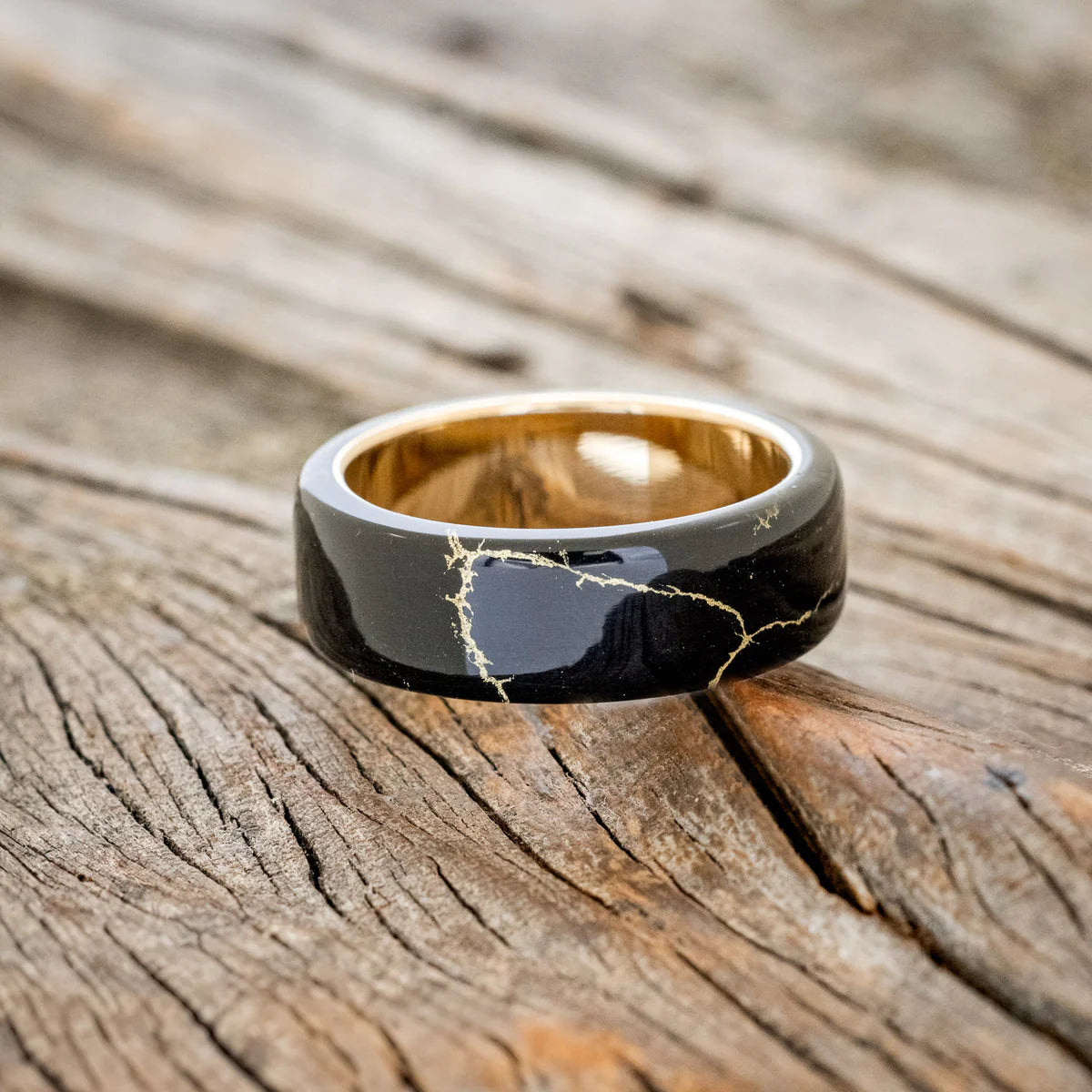 "HAVEN" - BLACK & GOLD MATRIX TRUSTONE WEDDING BAND - 14K YELLOW GOLD - SIZE 9-Staghead Designs
