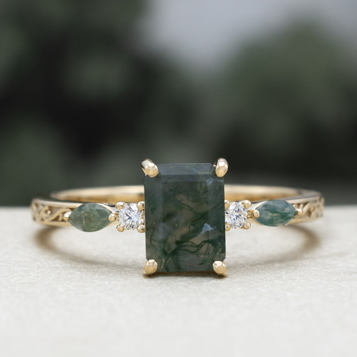 "Helena" - Emerald Cut Moss Agate Engagement Ring With Diamond & Moss Agate Accents-Staghead Designs