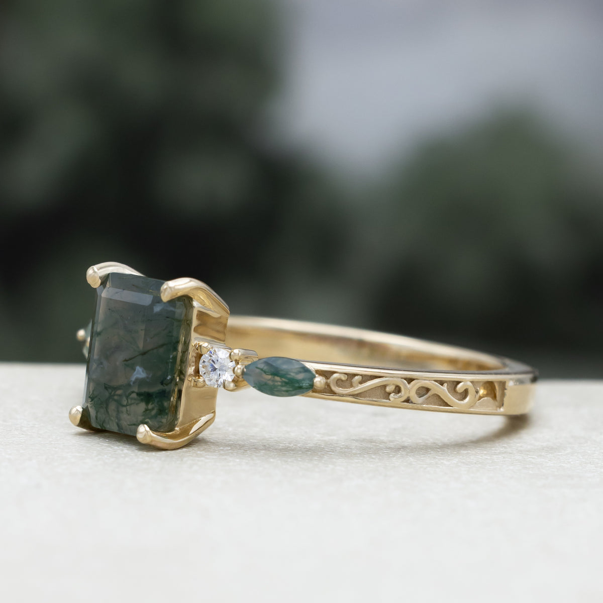 "Helena" - Emerald Cut Moss Agate Engagement Ring With Diamond & Moss Agate Accents-Staghead Designs