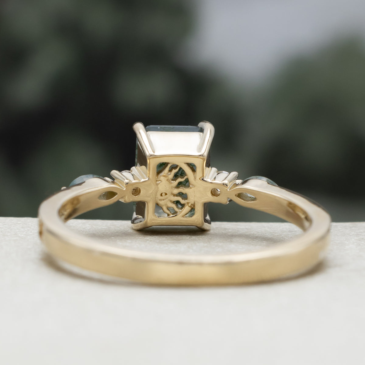 "Helena" - Emerald Cut Moss Agate Engagement Ring With Diamond & Moss Agate Accents-Staghead Designs