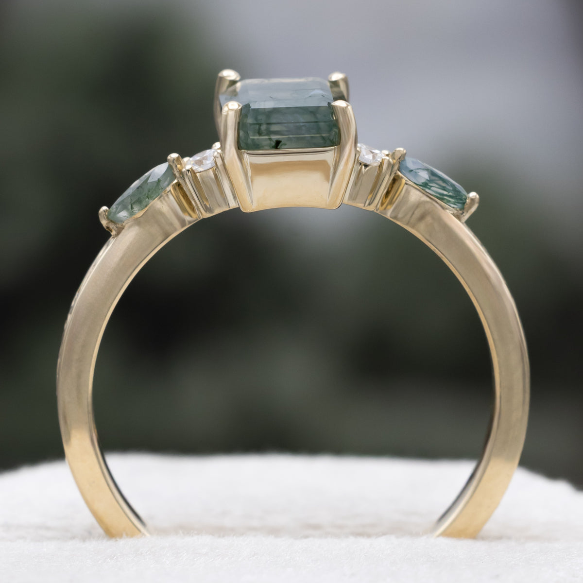 "Helena" - Emerald Cut Moss Agate Engagement Ring With Diamond & Moss Agate Accents-Staghead Designs