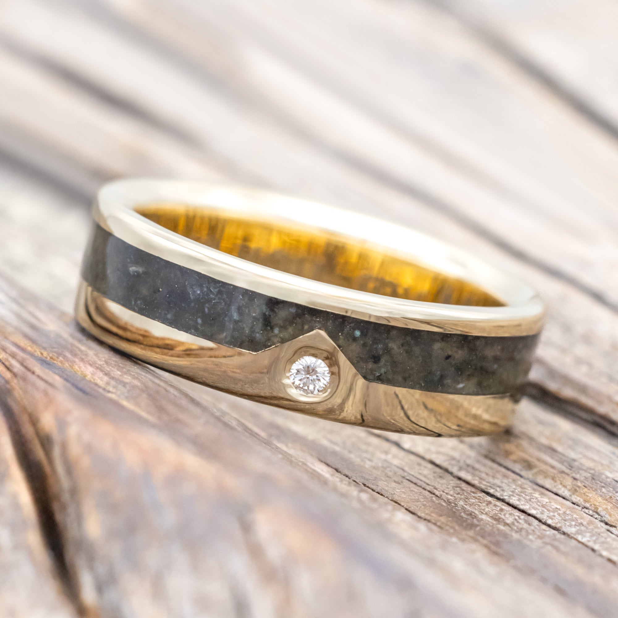 "HELIOS" - CRUSHED MOSS AGATE SINGLE PEAK MOUNTAIN RANGE WEDDING RING FEATURING A DIAMOND ACCENT-Staghead Designs